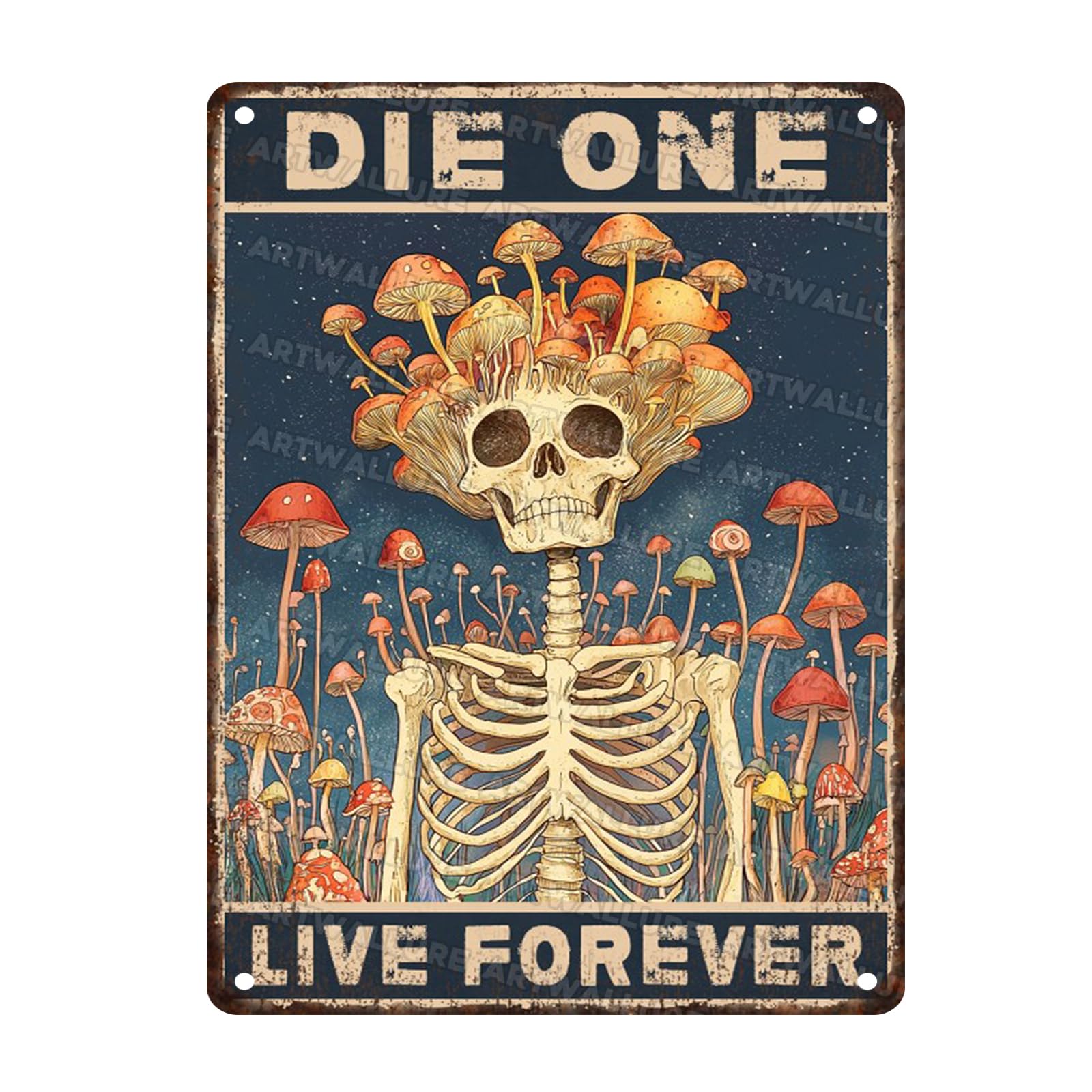 Retro Metal Tin Sign Mushroom Hunting Skeleton Skull Rustic Wall Art Gothic Cabin Decor Camping Philosophy Iron Painting 12x16inch