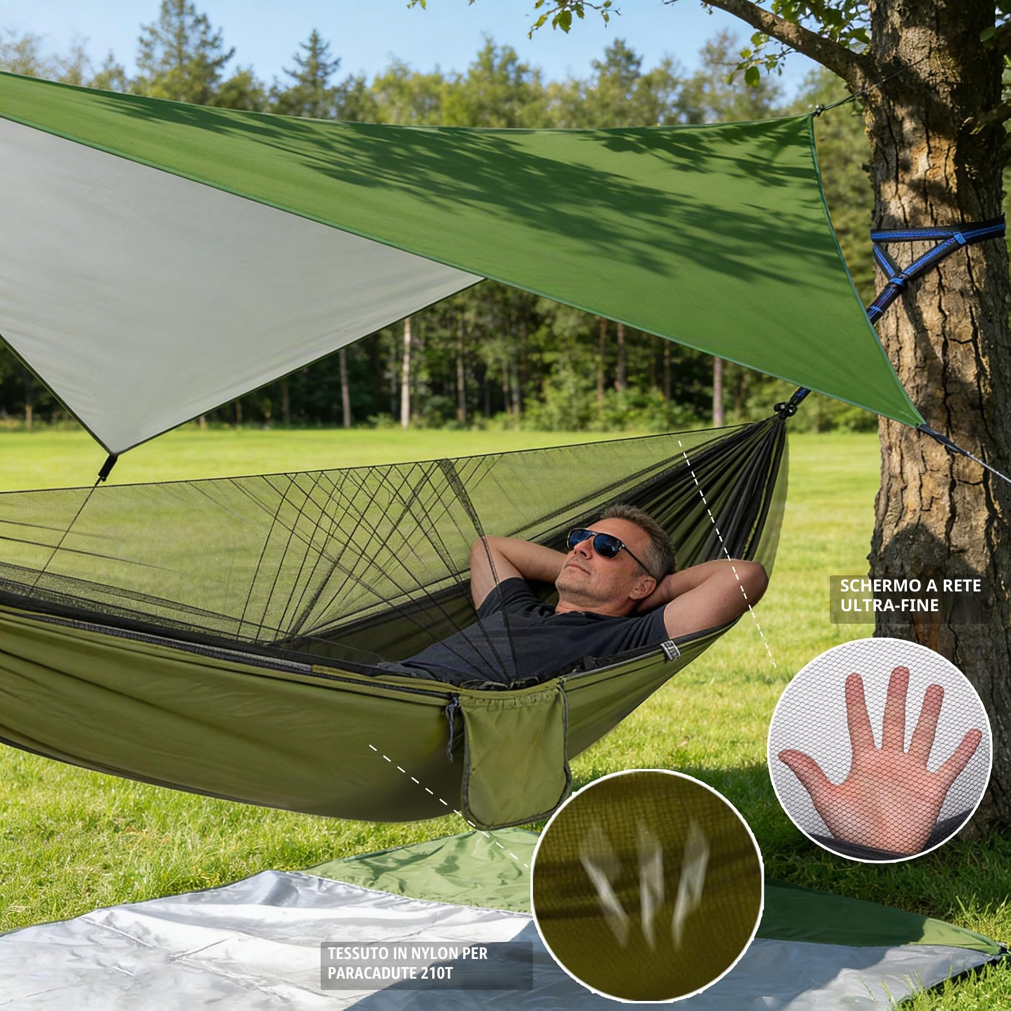 Amaca da Giardino Campeggio Leggera, Amaca da Esterno con Zanzariera e Tenda Parasole, 290x140cm 210T Doppi Strati Nylon Paracadute Amaca Sospesa per Viaggio Escursionismo