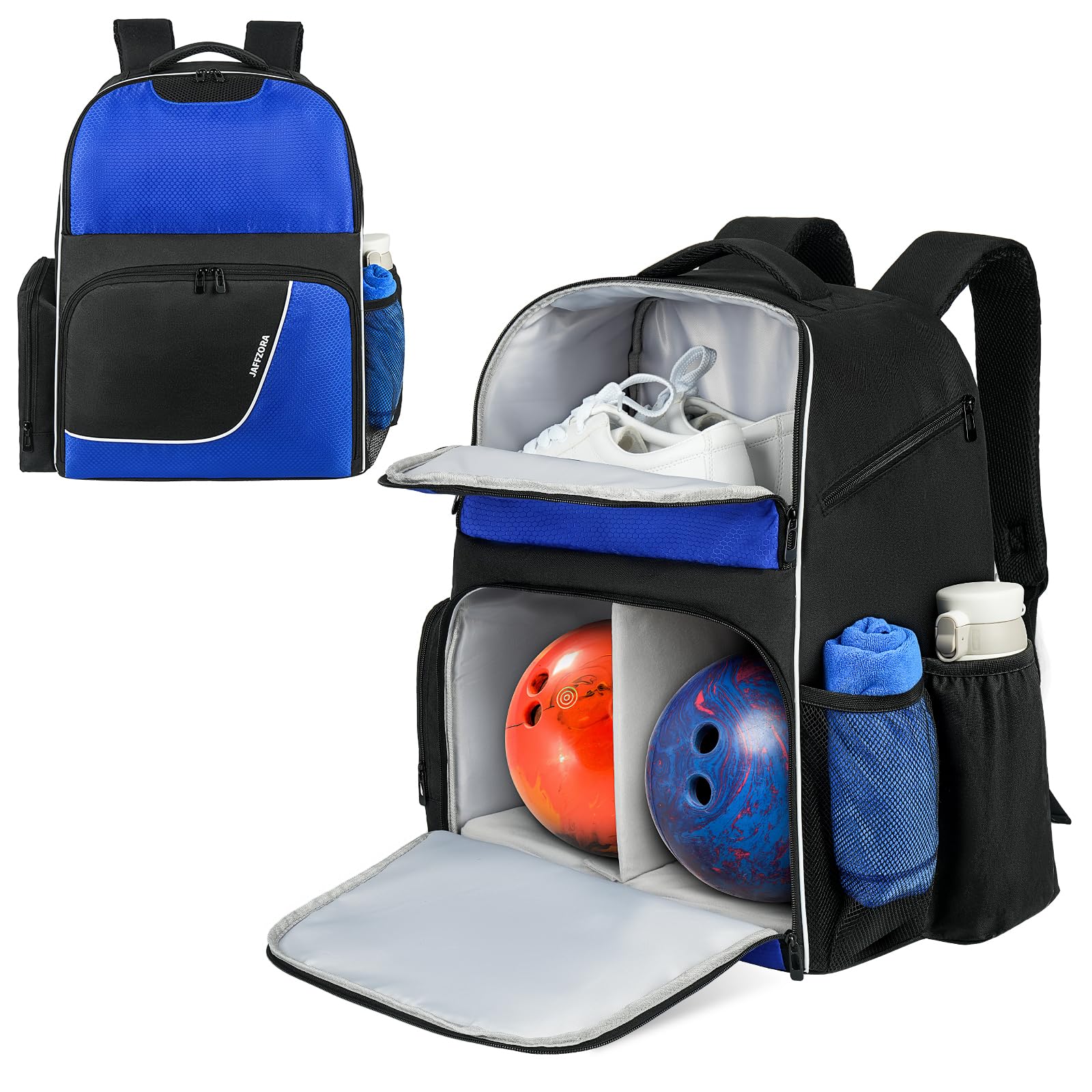Bowling Ball Bag, Bowling Backpack for Men with Shoes Compartment, Fits Shoe Up to Men Size 16, Black&Blue