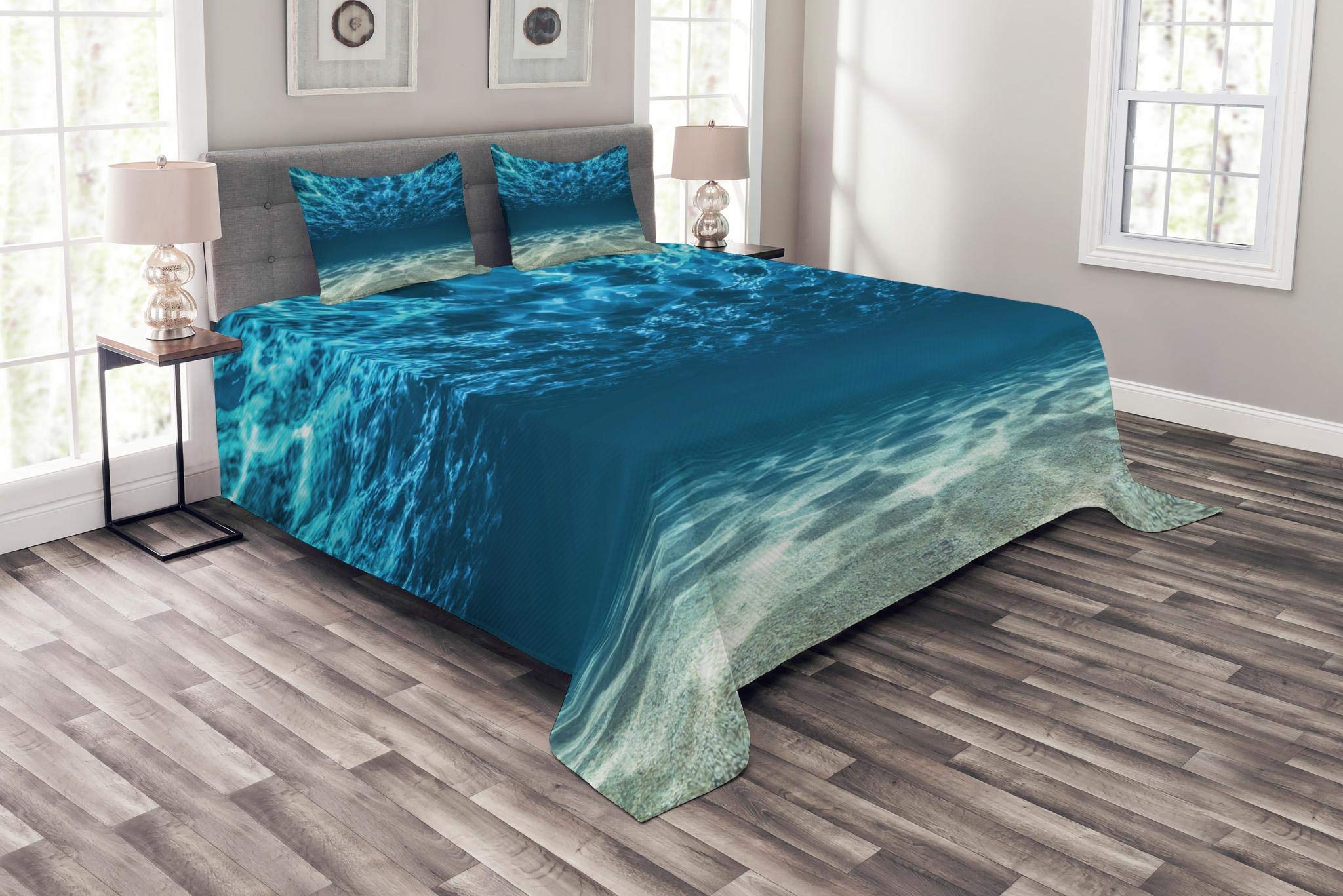 Lunarable Ocean Bedspread, Gravelly Bottom Wavy Surface Tropical Seascape Abyss Underwater Sunny Day Image, Decorative Quilted 3 Piece Coverlet Set with 2 Pillow Shams, King Size, Ivory Blue