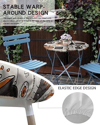Miniatura 5 de Mantel redondo ajustable de Halloween para mesas de comedor, mantel elástico con bordes de dibujos animados, calabazas, gatos, impermeable, a prueba