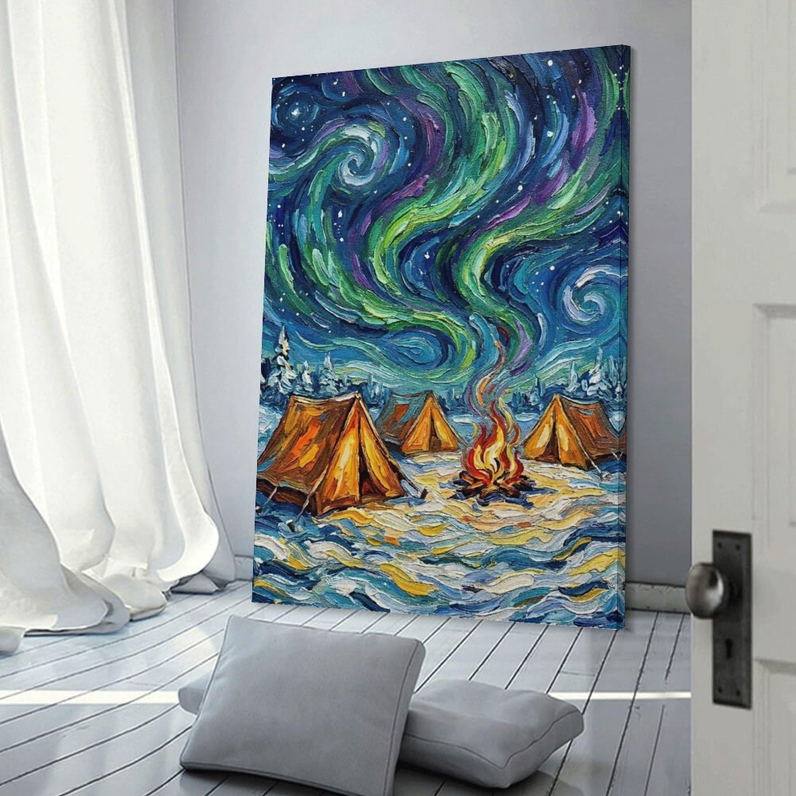 Junmoney Aurora Borealis Camping Oil Painting Canvas Wall Decor, 24x36inch(60x90cm), for Bedroom, Guest Room Or Reading Nook, Canvas Wall Decor for Personal Spaces