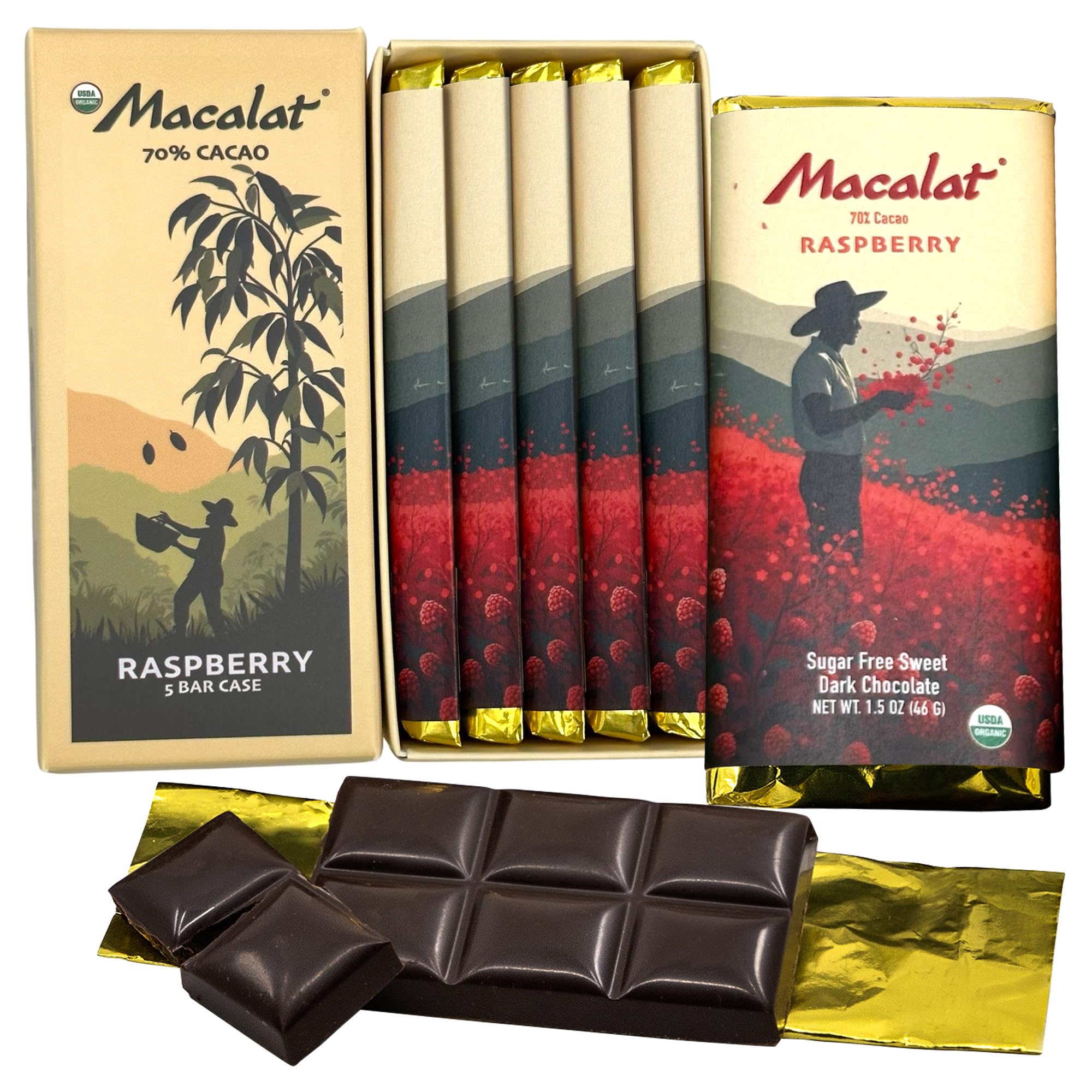 Macalat Raspberry Bar, Sugar-Free Sweet Dark Chocolate with Organic Raspberry, 70% Peruvian Organic Cacao, Bitter-Free Allulose and Monkfruit