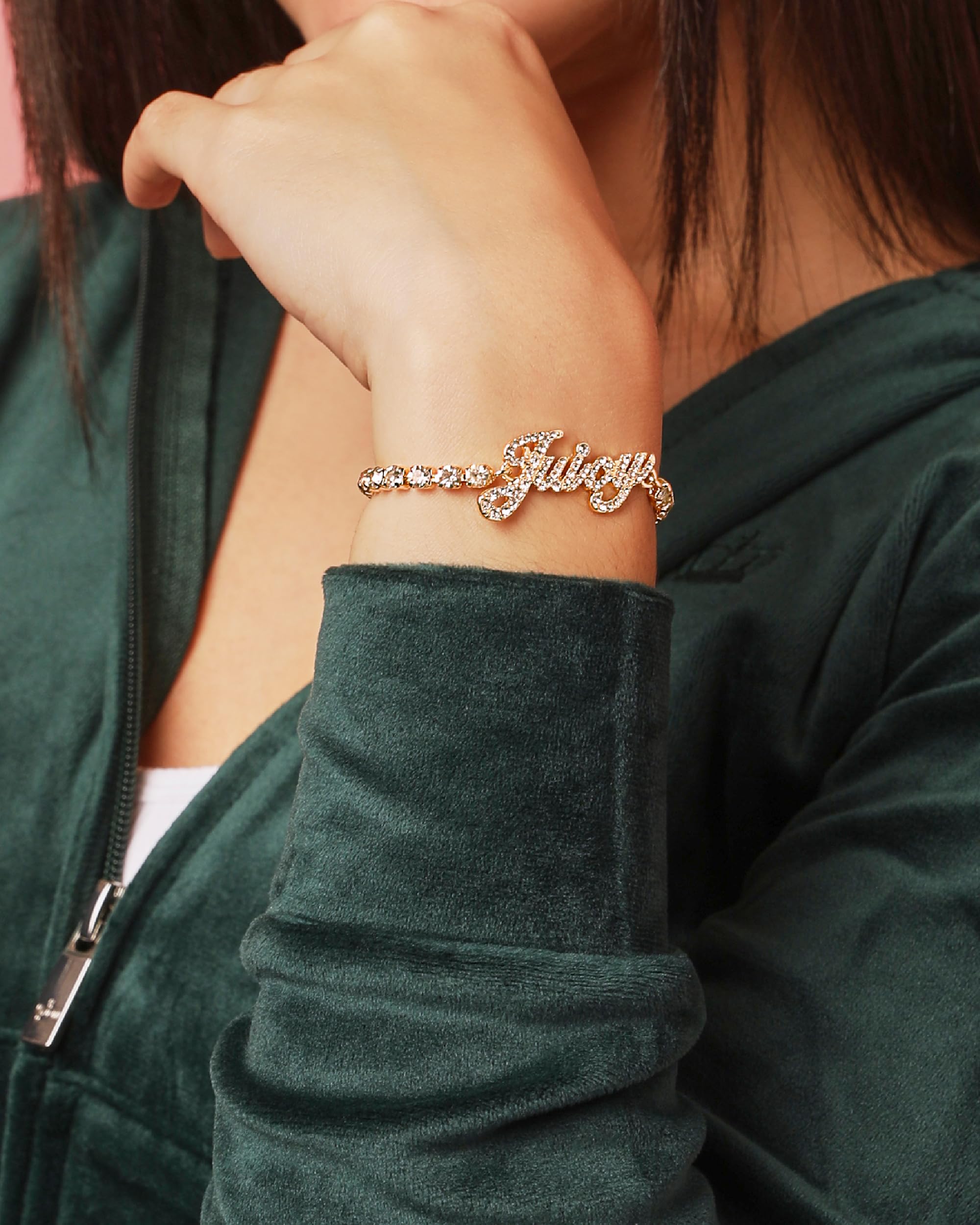 Juicy Couture Logo Clear Stone Tennis Bracelet for Women 7.5", Gold-Tone Bling Juicy Bracelet