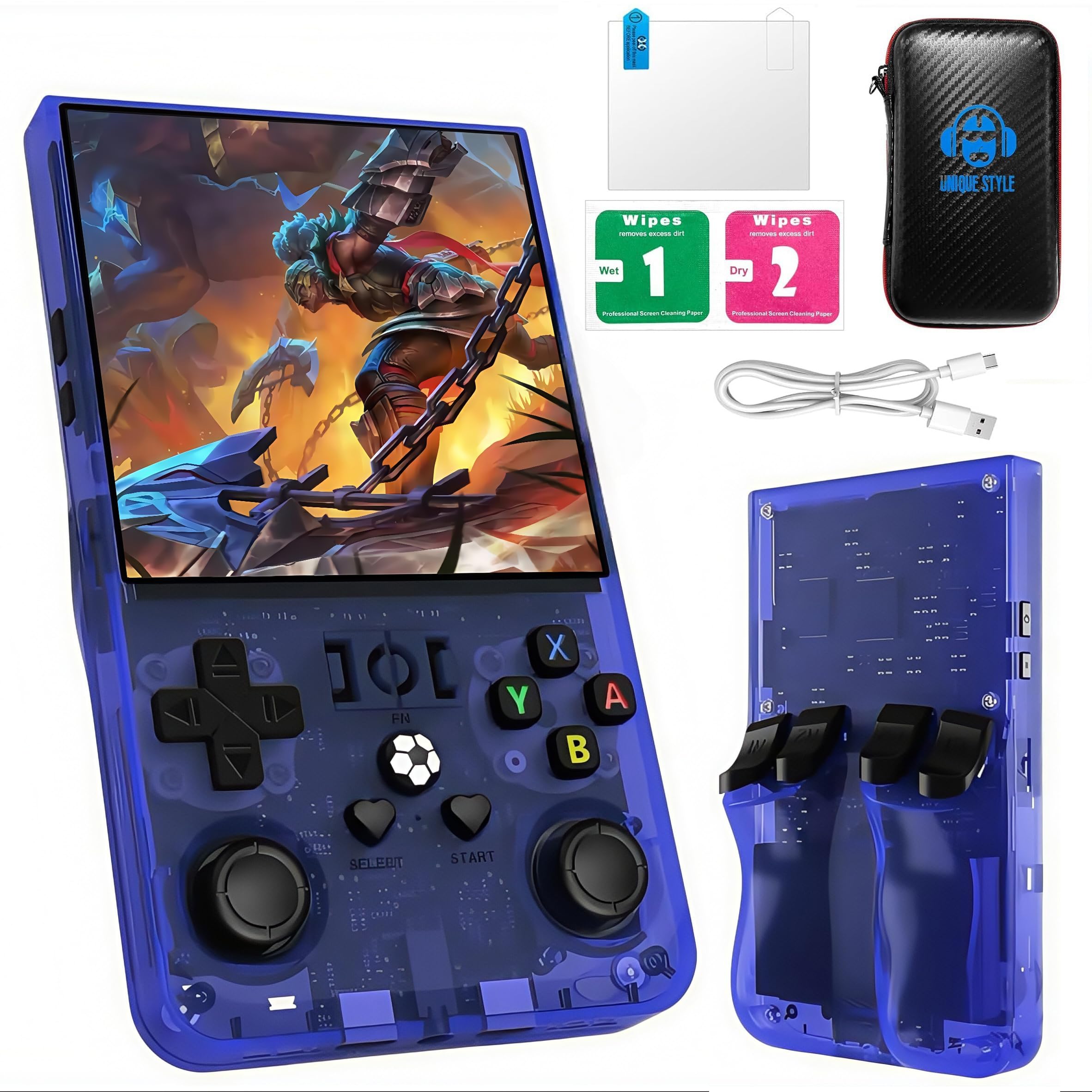 R36Max Handheld Game Console - Preloaded 21000+ Classic Games, for Gamer Dads Video Game Console (128Gb Translucent Blue)