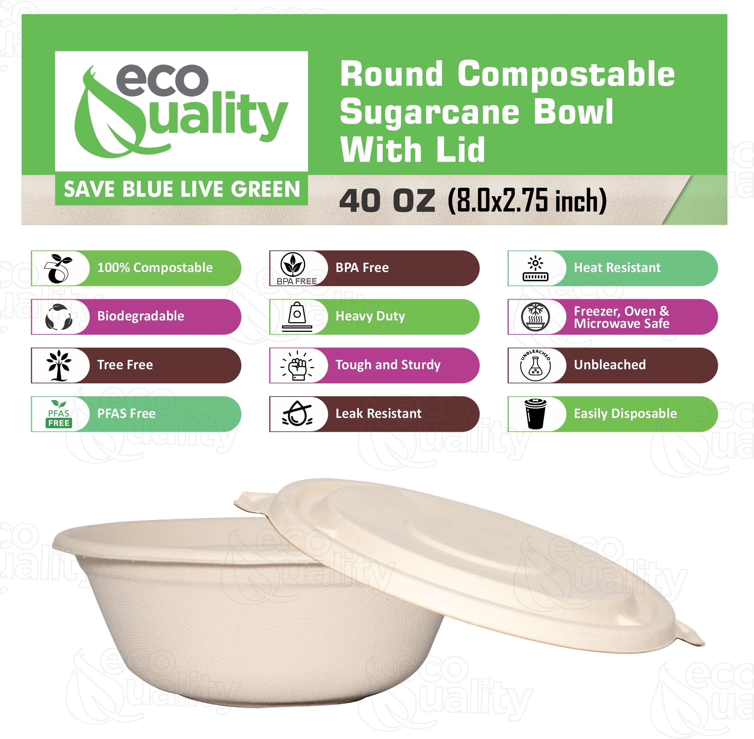 40 oz Round Disposable Compostable Paper Bowls with Fiber Dome Lids - Heavy Duty, Eco-Friendly Natural Sugarcane Bagasse, Heat Resistant, 100% Biodegradable Salad Bowls Alternative to Plastic (25)