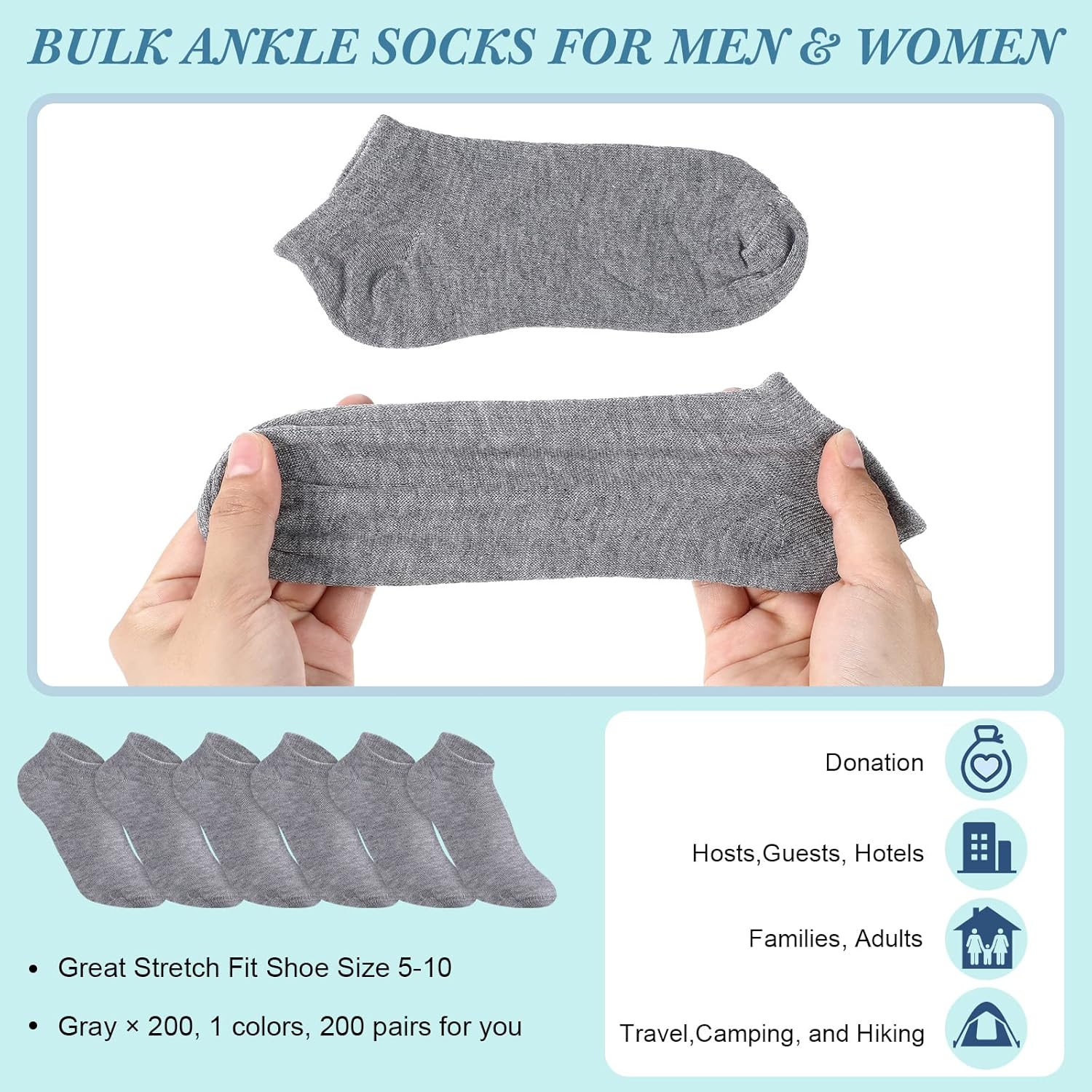 Tarpop 200 Pairs Low Cut Ankle Socks Bulk for Women Men Thin Breathable Casual Socks Pack for Unisex Homeless Charity Event - Image 2