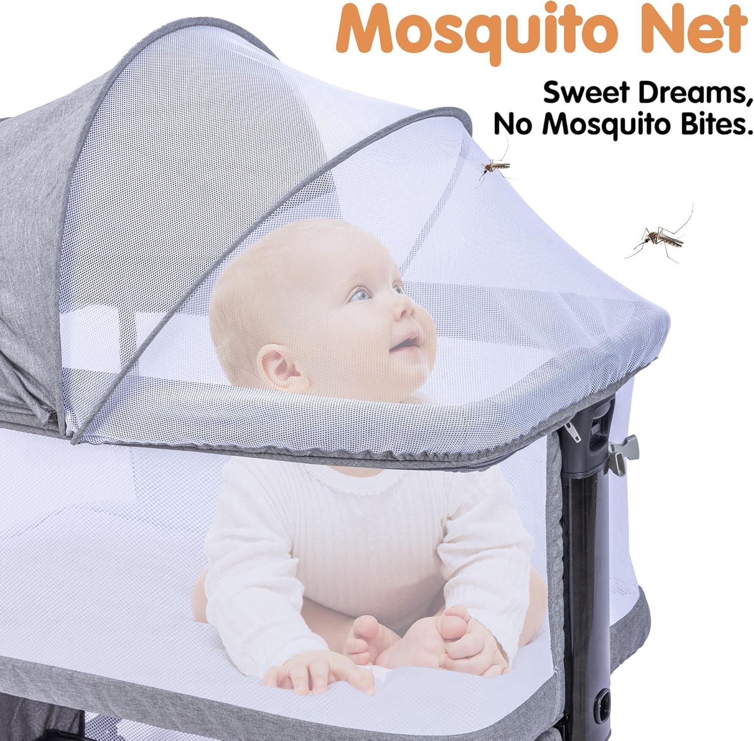 Baby Bassinet,4 in 1 Bassinet Bedside Sleeper with Rocking Mode, 6 Adjustable Height with Mosquito Net,Breathable Mesh, Storage Basket, Safety Straps, Easy Assembly & Folding