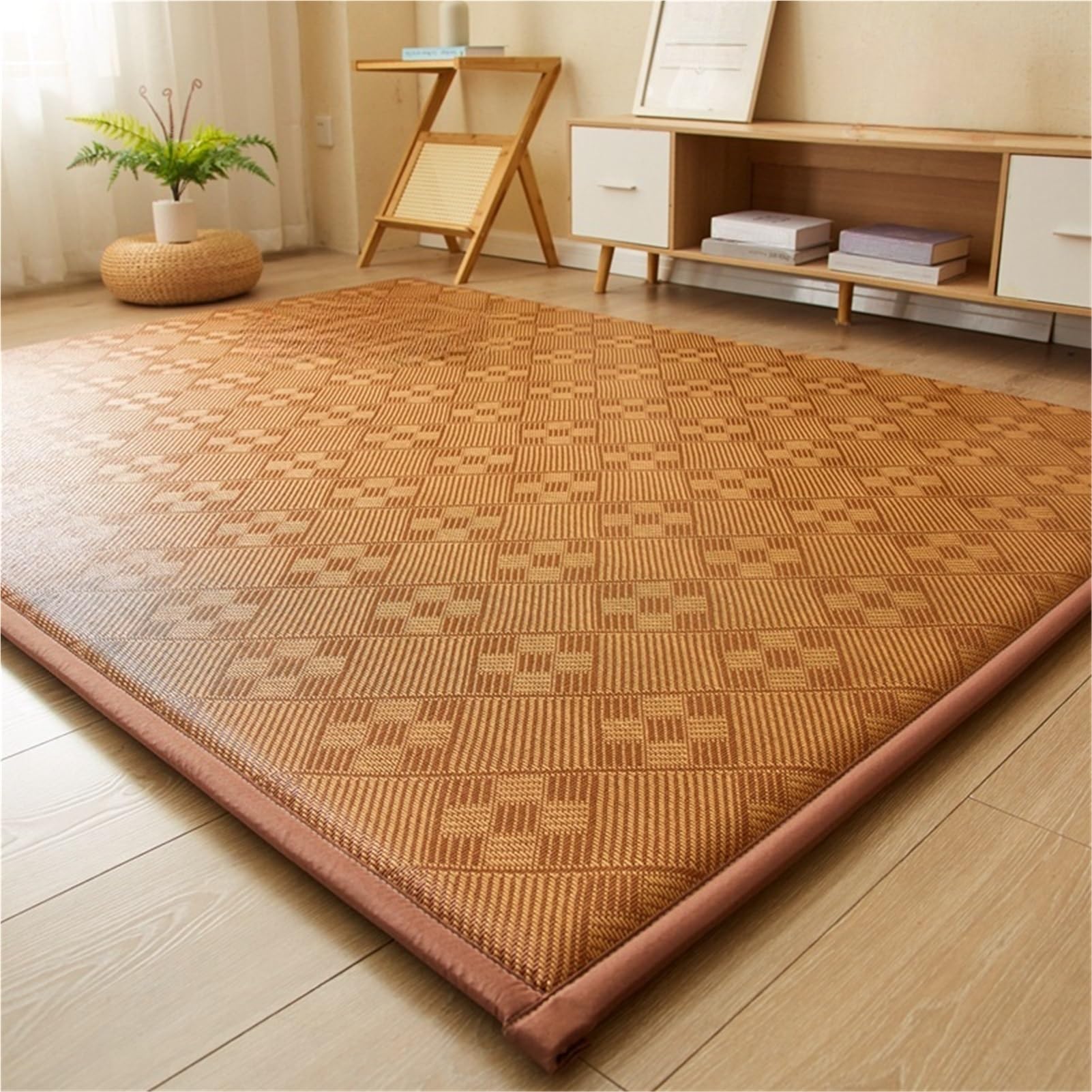 Tatami-Bodenmatte aus natürlichem Rattan 1,5 cm Dicke Schlafmatte rutschfest atmungsaktiv 90 x 200 cm Braun