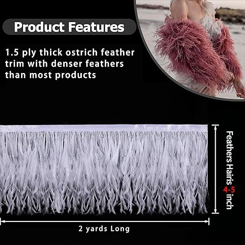 Miniatura 10 de Ribbón de plumas de avestruz rojo, 1.5 capas, 2 yardas de 4 a 5 pulgadas, cintas con flecos, para costura, vestido, proyectos de manualidades