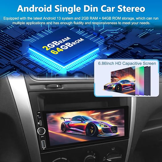 [2+64G] NHOPPEW Android Single Din Car Radio with Wireless Carplay and Android Auto - 6.86 inch Touchscreen Car Stereo - EQ Setting/WiFi/GPS/Mirror Link/SWC/USB Charging + AHD Backup Camera