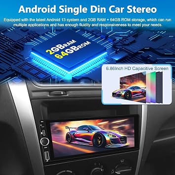 [2+64G] NHOPPEW Android Single Din Car Radio with Wireless Carplay and Android Auto - 6.86 inch Touchscreen Car Stereo - EQ Setting/WiFi/GPS/Mirror Link/SWC/USB Charging + AHD Backup Camera