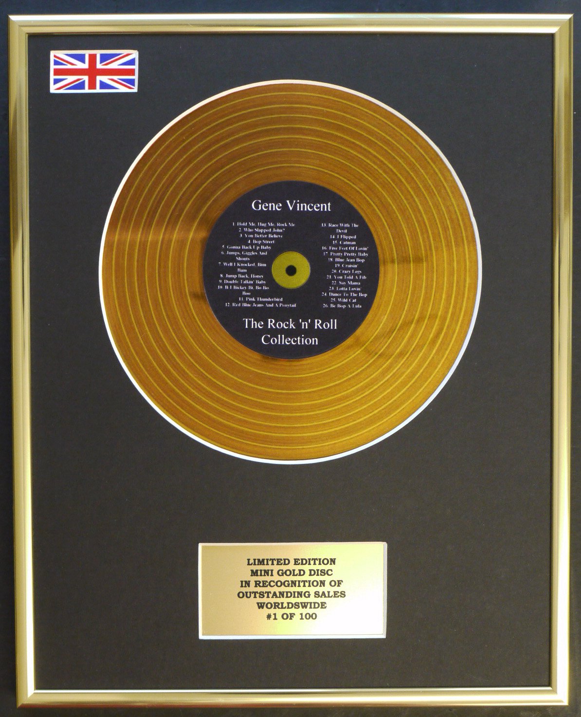 Limited Edition Mini Gold Disc Display Gold Gene Vincent/Mini Disc Display/Limited Edition/Coa/The Rock 'N' Roll Collection