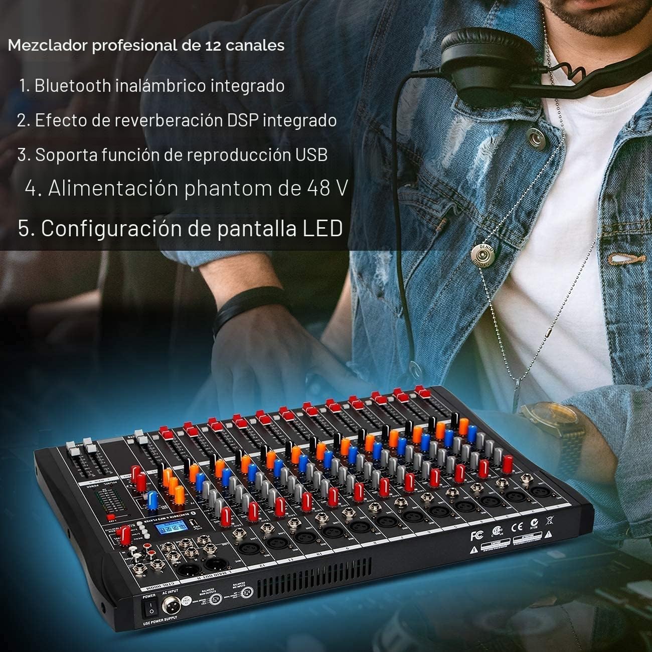 Depusheng DA12 Consola mezcladora de sonido estéreo profesional de 12 canales Bluetooth USB Grabación de computadora Reproducción Phantom Power USB Mezclador de audio digital