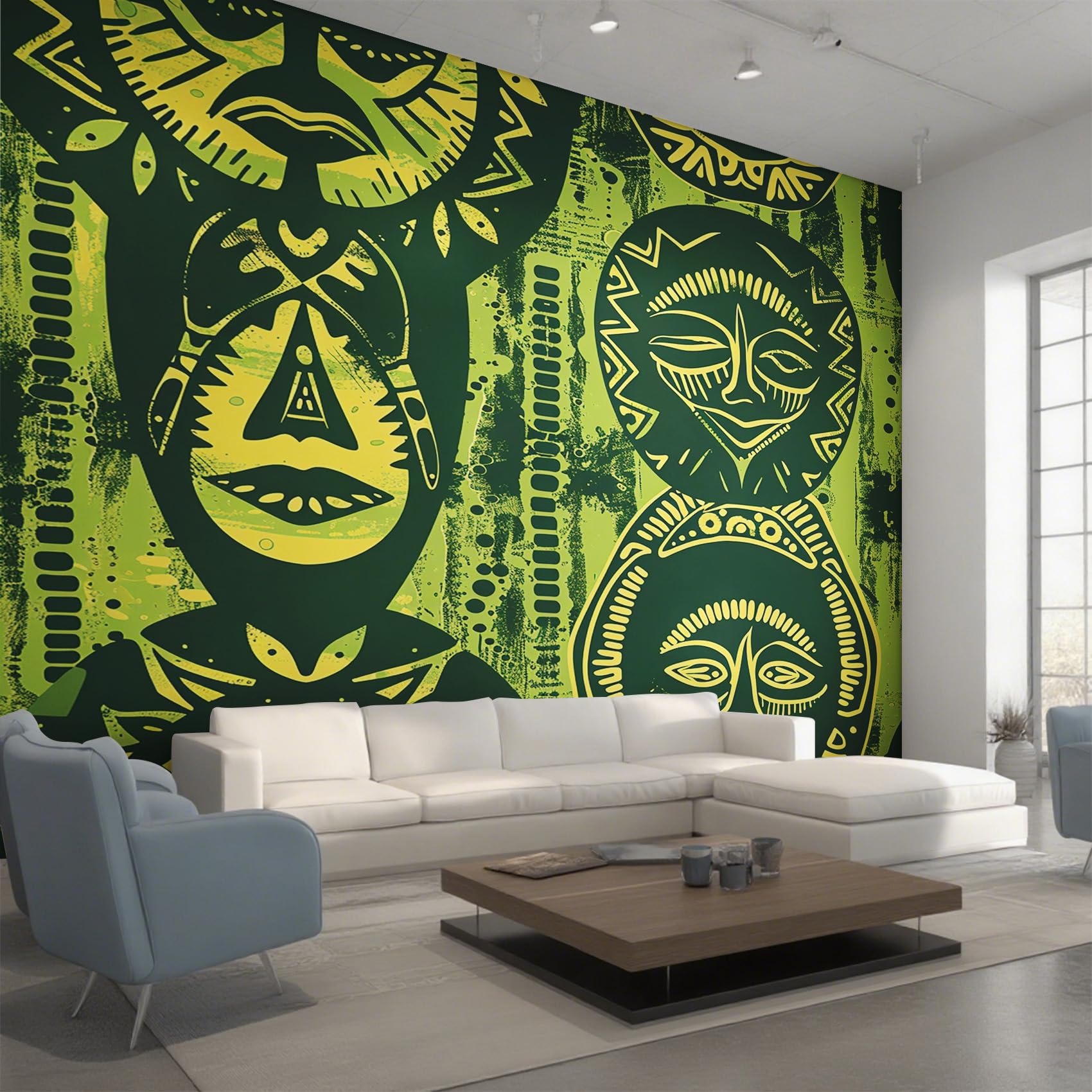 Papier peint panoramique masque africain pour cacher défauts grand mur intissé