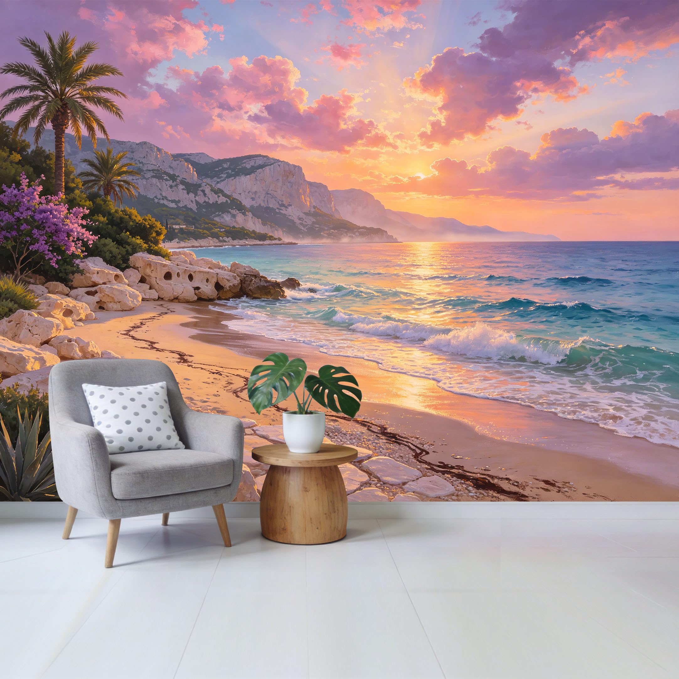 Custom Size Wall Mural Coastal Sunset Ocean View Beach Landscape with Palm Trees and Rocky Shore Removable Self Adhesive Fabric Home Wall Decor for Living Room Bedroom Bathroom