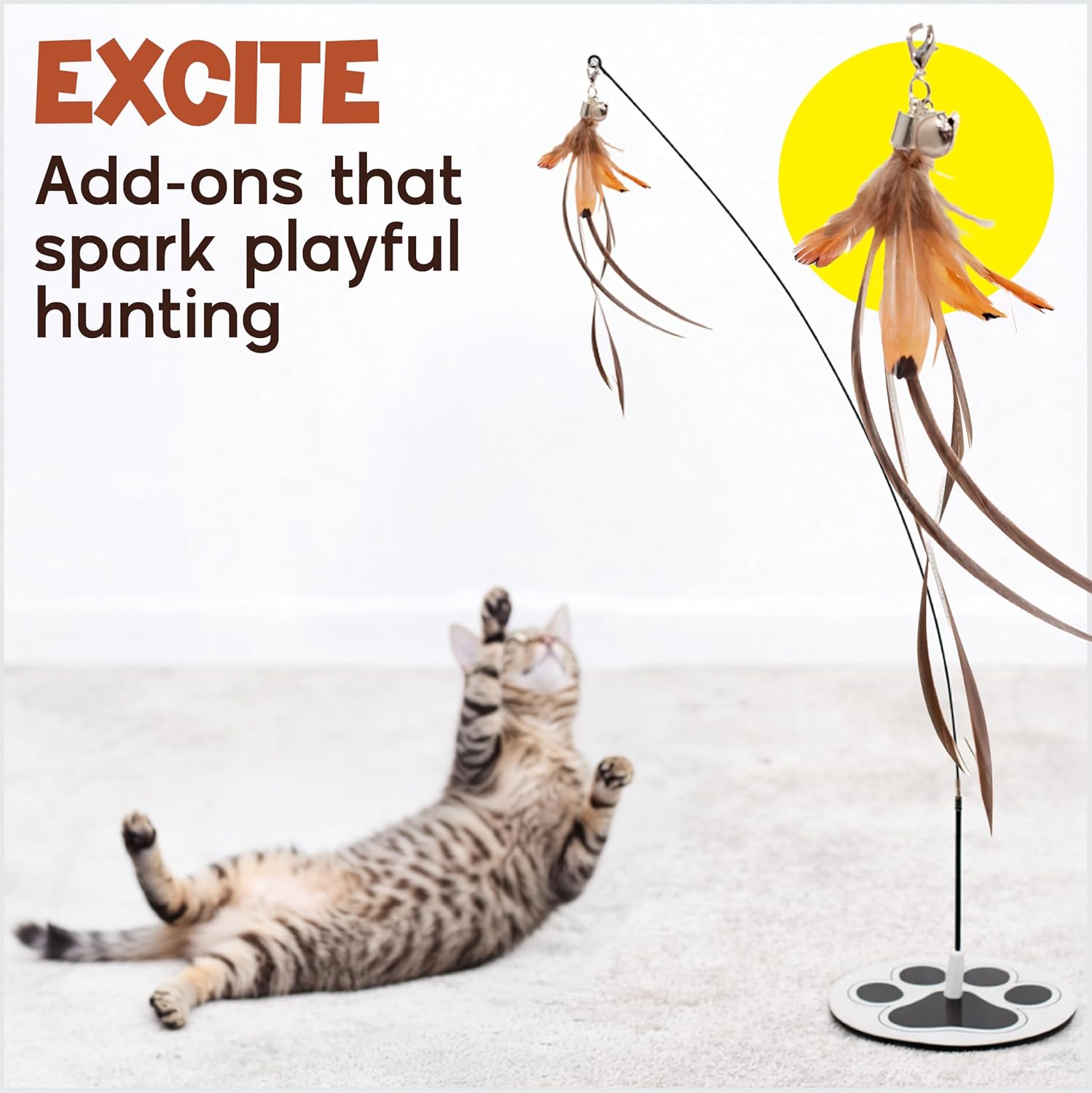 Interactive Cat Toys for Indoor Cats - 5 Replacement Feathers with Bells - Teaser Wand Toy - Self Play Bird Simulation - Bored Adult Feline Hunting Solo Chaser Activity - Kitten Juguetes para Gatos