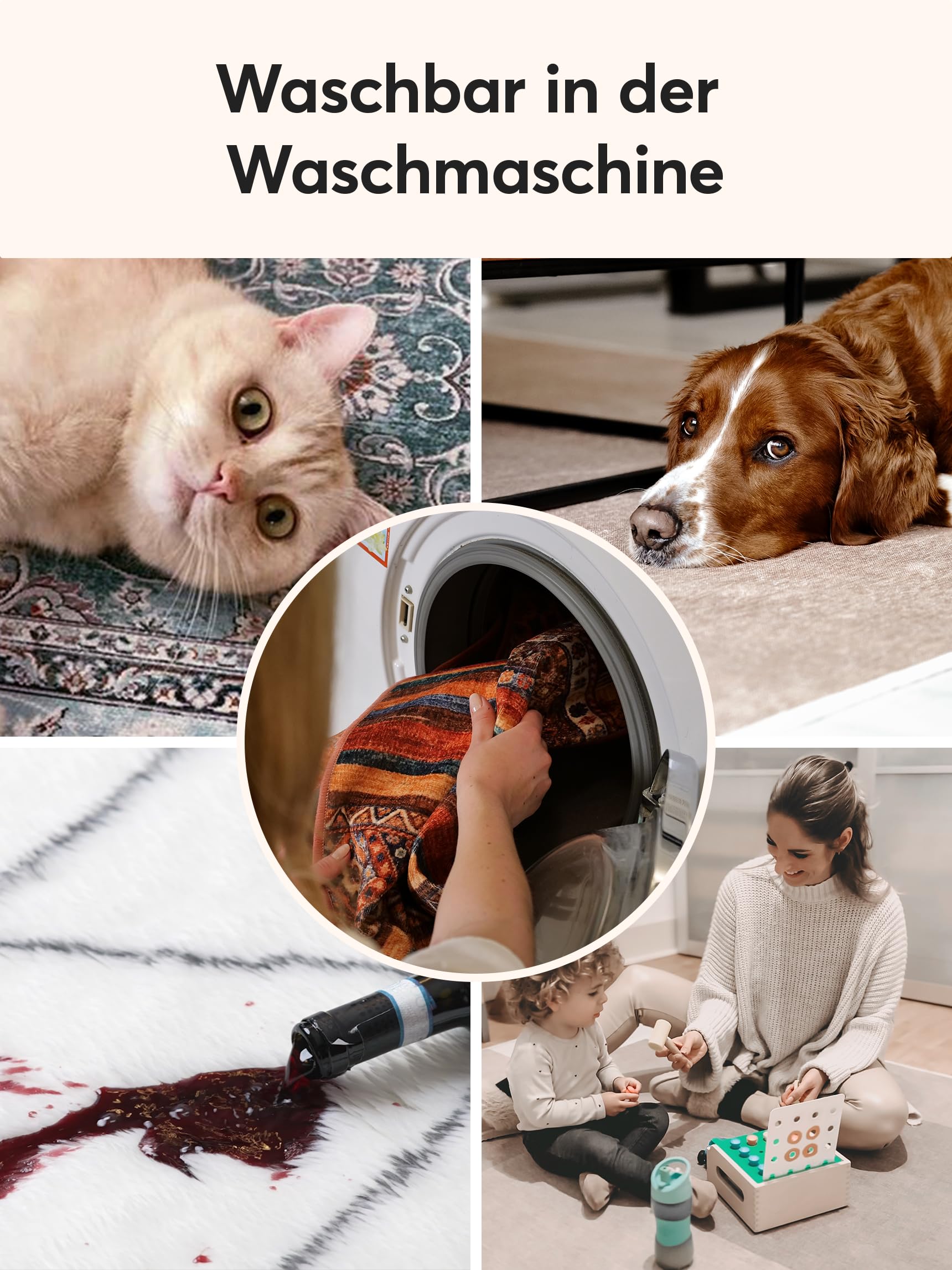 Teppana Waschbarer Teppich Klassisch - Per - Quarz - Fleckenabweisend - Familien- & Haustierfreundlich - Maschinenwaschbar - rutschfest - 90 x 160 cm