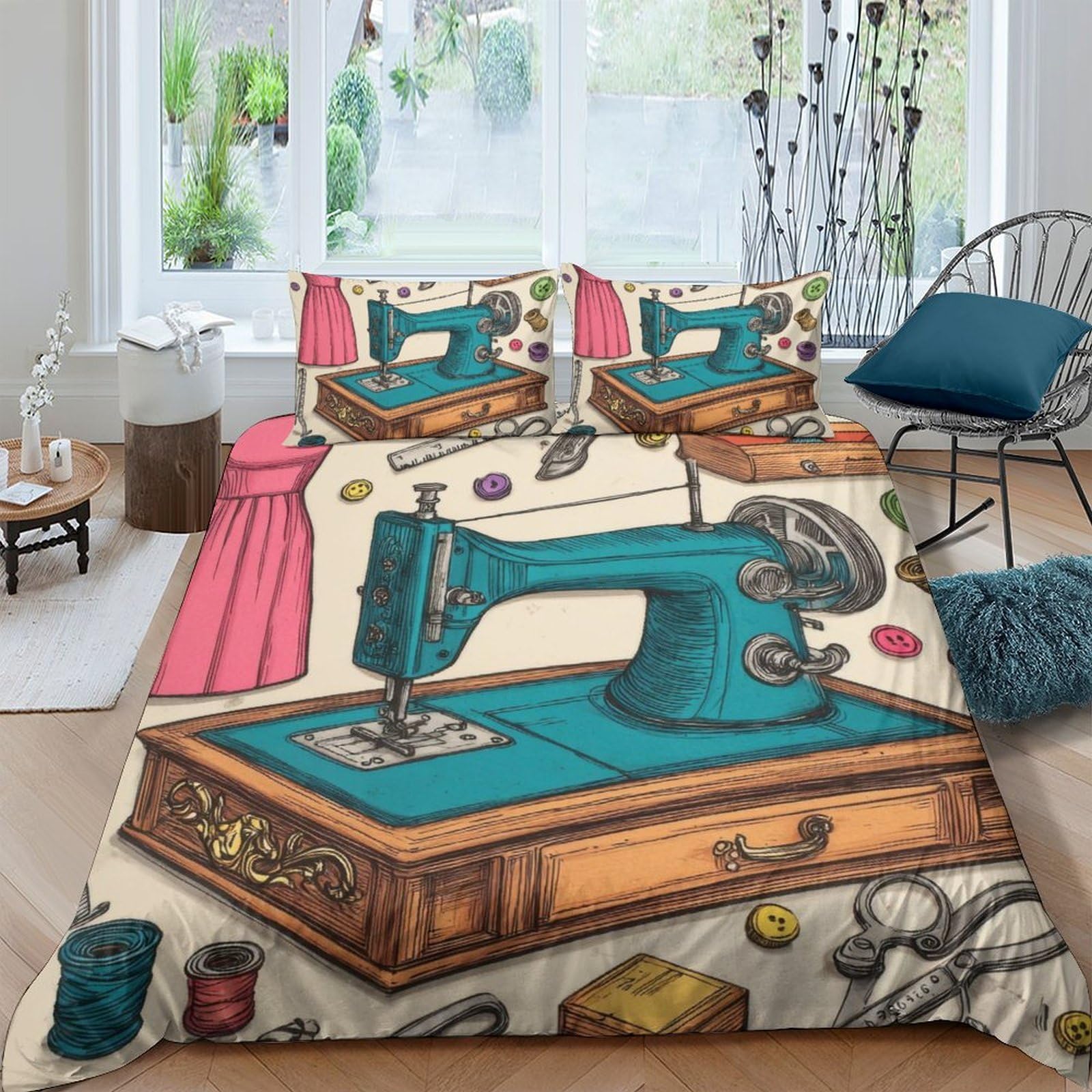 Ctjqhvkz Style-8 3D Printed Vintage Sewing Machine Fitted Sheet Microfiber Artistic Buttons Bed Cover For Bedroom Dorm Decor Mattress Protection Single（135X200cm）