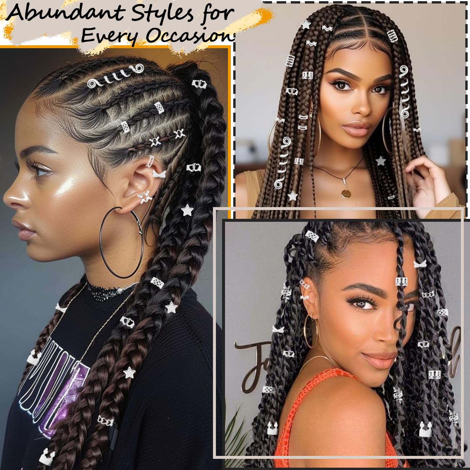 103 piezas de joyería plateada para el cabello para trenzas, puños y anillos para el cabello, joyería Loc para mujeres negras, accesorios de metal plateado para el cabello, decoraciones de 4