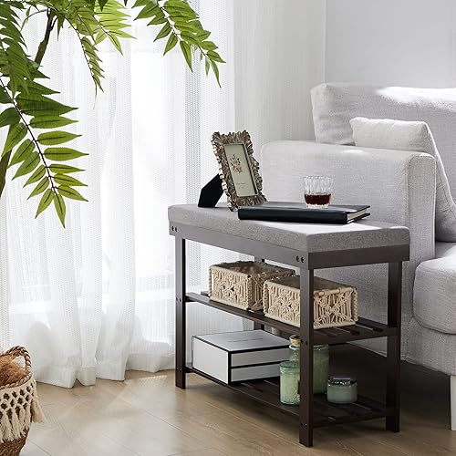 Miniatura 6 de APICIZON Zapatero de 3 niveles para entrada, banco de zapatos de bambú con asiento acolchado cojín, organizador de zapatos pequeño con