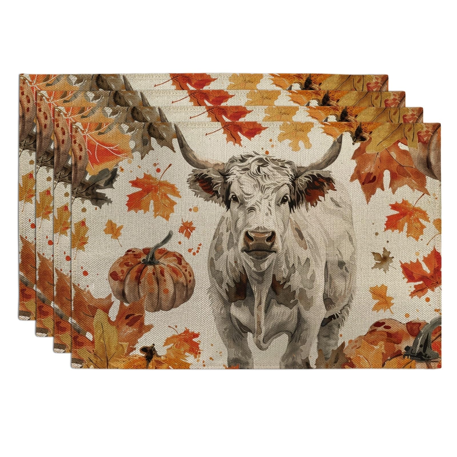 Autumn Farmhouse Cow Placemats, Orange Rustic Leaf Place mats for Dining Table, Non-Slip Washable Indoor Outdoor Party Decorative Placemat Set of 4
