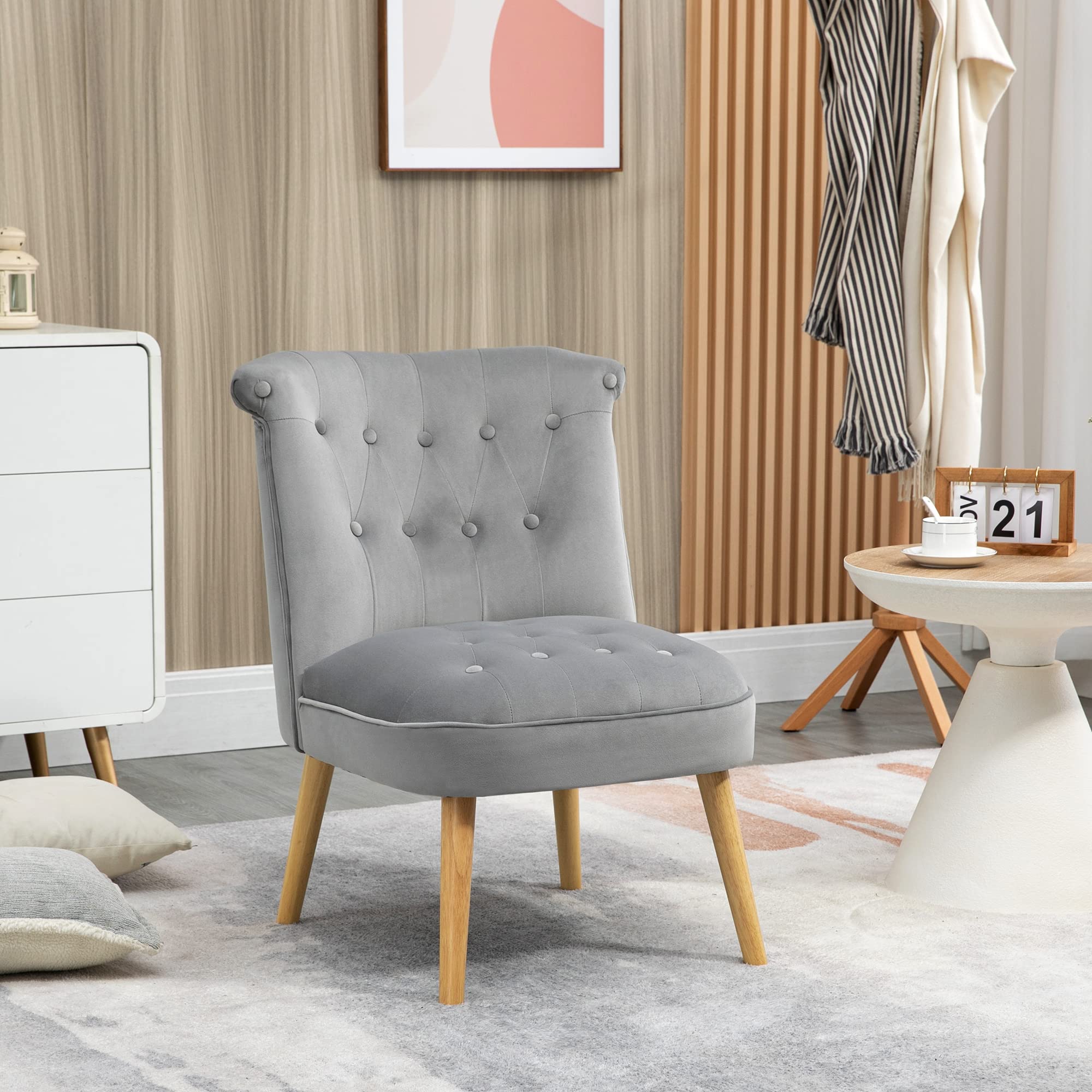 HOMCOM Poltrona per Soggiorno e Sala da Pranzo con Seduta Imbottita, Poltroncina da Camera con Gambe in Legno e Tessuto Effetto Velluto, 60x66x79 cm, Grigio