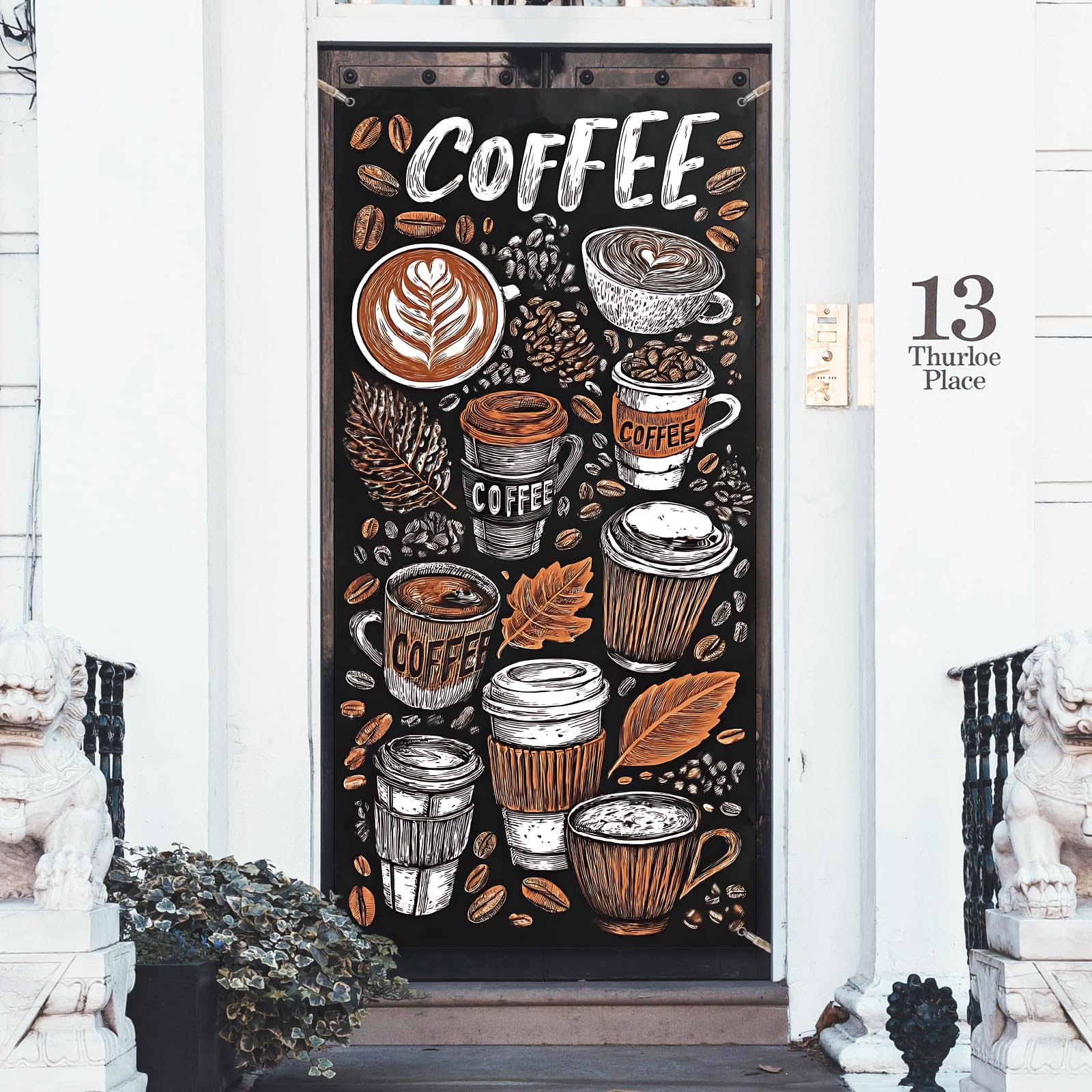 arricraft 1 Pc Coffee Theme Polyester Door Cover, Retro Cartoon Coffee Backdrop Banner Door Porch Sign Photography Background for Indoor Outdoor Porch Home Decor Accessories