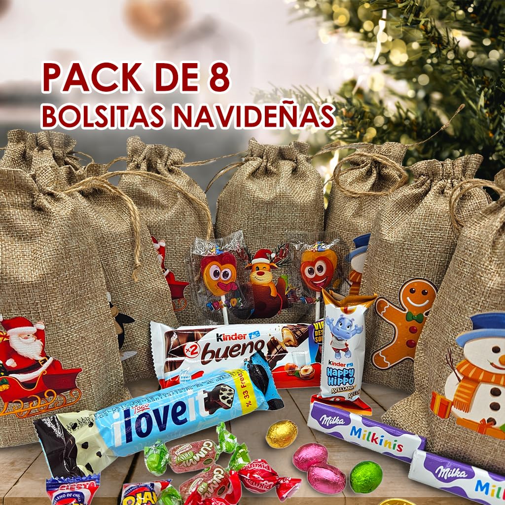 IAMI Pack 8 Bolsas de Lino de Navidad Rellenas de Chocolate y Chuches
