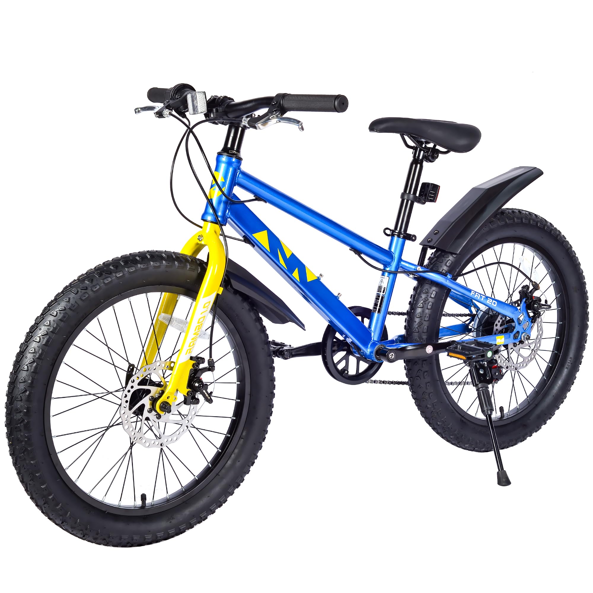 MAKELEN 20x3.0 Fat Tire Kids Mountain Bike Snow Bike Beach Bike for 7-10 Years Old Steel Frame Disc Brake Bike 7 Speeds, Blue&Yellow