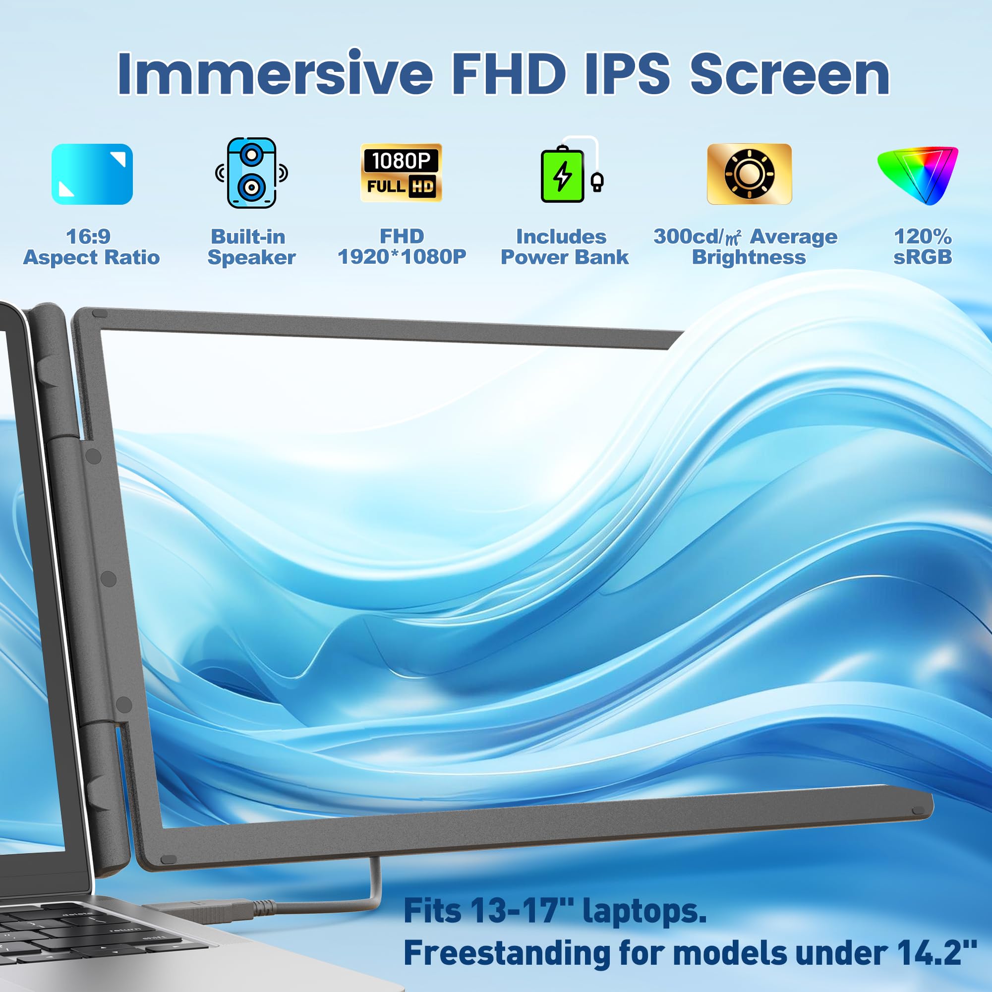 KEFEYA 15,6 Zoll Laptop Bildschirm Erweiterung mit magnetischer Powerbank, 1080P FHD-Dreifachmonitor, Plug & Play für 13-17"-Laptops (Diagonale), HDMI/USB/Hub, kompatibel mit Mac, Windows, Android