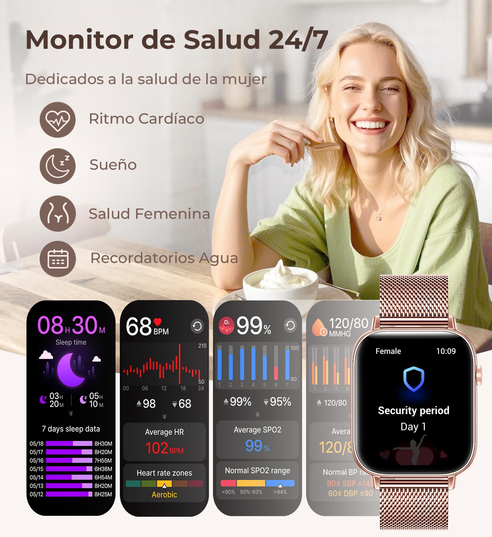 Iaret Reloj Inteligente Mujer, 1.83" Smartwatch con 4 Correas, Llamadas Bluetooth, Monitor Sueño/Ritmo Cardíaco/SpO2/Menstrual, 110+ Modos Deportivos Pulsera Actividad para iOS/Android, Oro Rosa