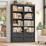 FINETONES 71" Black Bookshelf with 4 Drawers, 6-Tier Double Wide Bookcase, Tall Bookcase with Storage, Standing Book Cabinet for Home Office