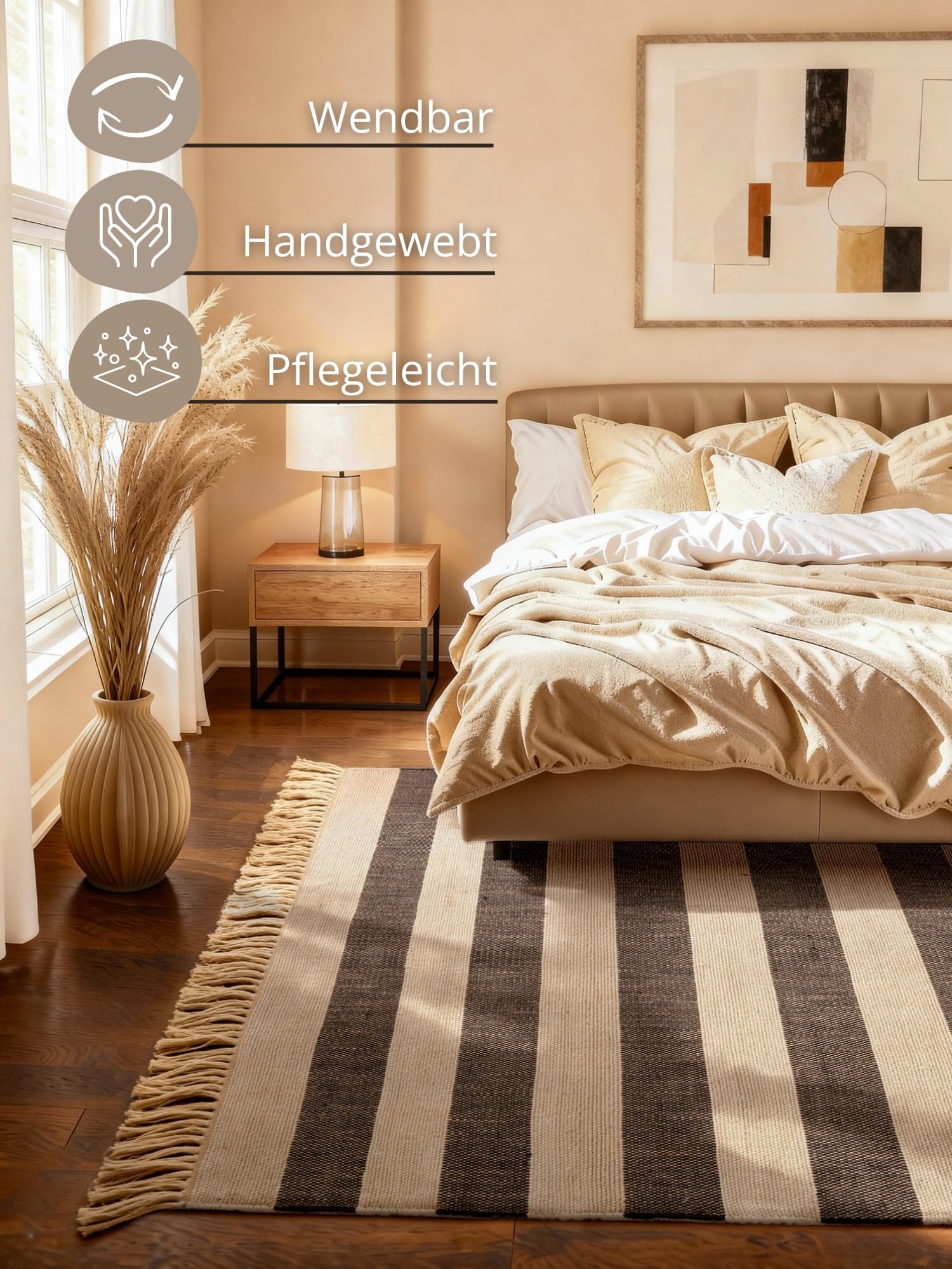 Hanse Home Playa Juteteppich - Natur Wohnzimmerteppich, Jute, Handgewebt, Gestreift, Fransen, Robust & Pflegeleicht, Naturfaser Teppich für Wohnzimmer, Schlafzimmer - Natur Weiß Schwarz, 200x300cm