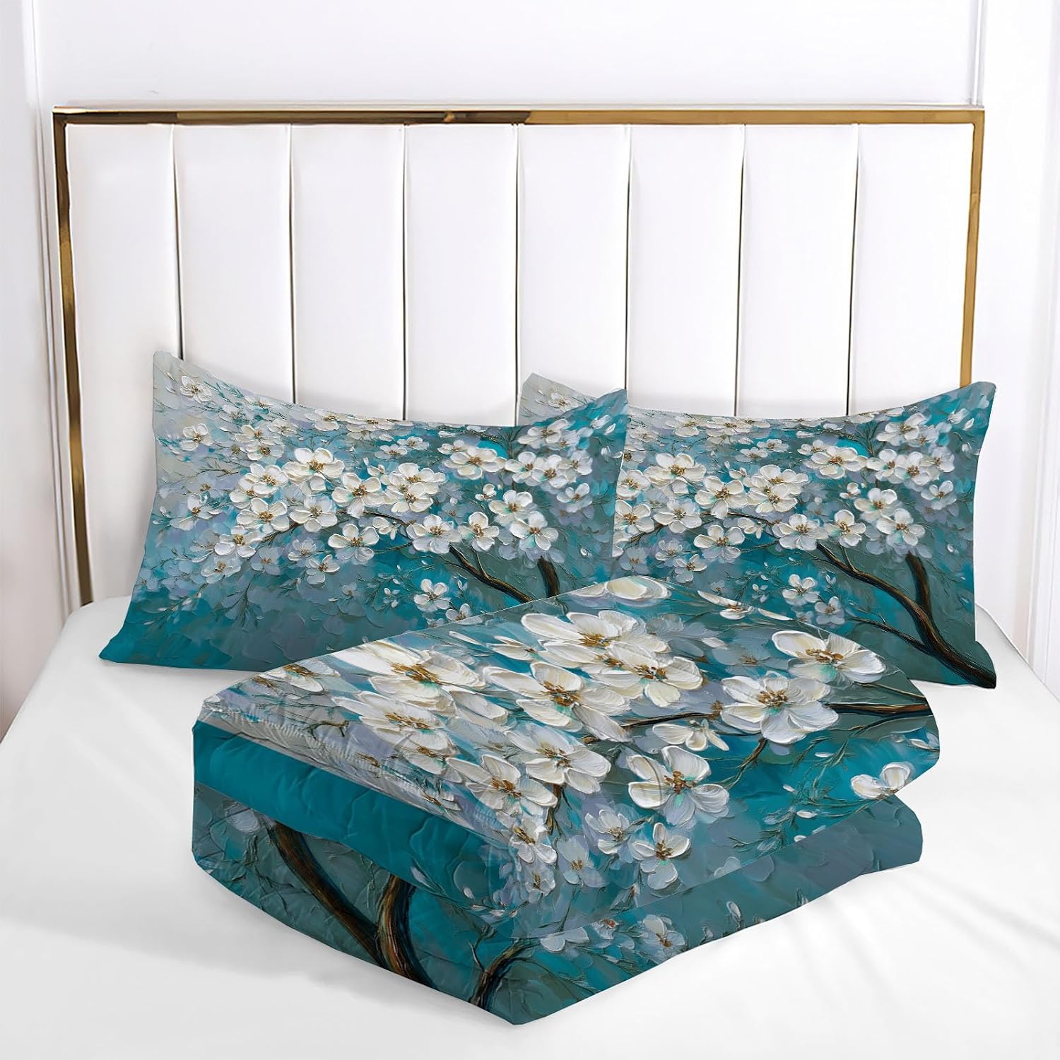 Abstract Art Comforter Set King Size, Flowering Tree Bedding Set for Girls Boys, Haze Blue Quilt Bed 104"X90" Bedding Comforter Sets with 2 Pillowcase Room Decor