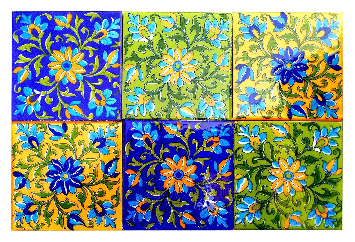 Blue Pottery Decorative Show Room Floor Tile Seamless Pattern Traditional Handmade Install Furniture Backsplash Designer Decor Wall Floor Furniture 4 x 4 Inch Pack of 6 Tiles (Multi)