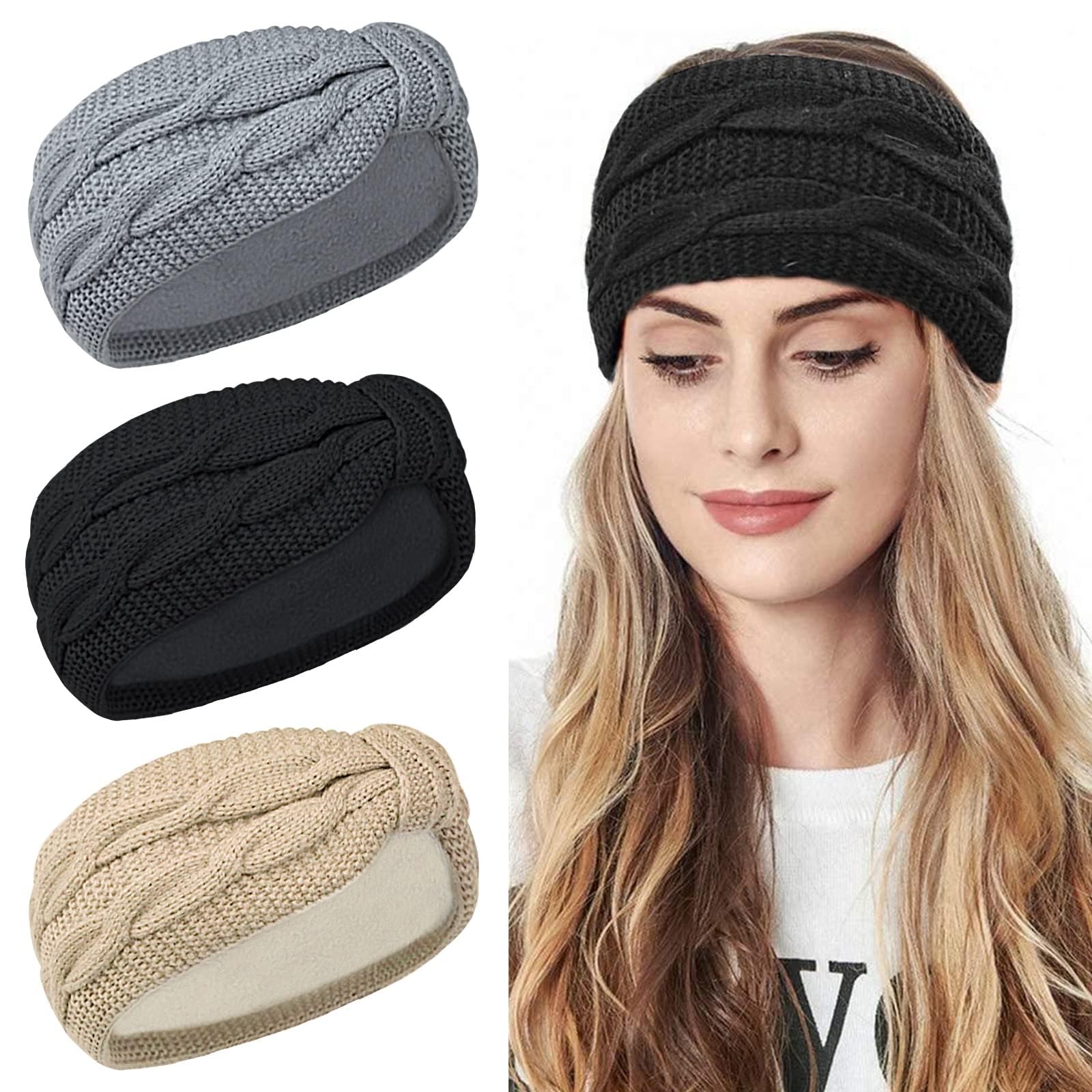 KOWVOWZ 3Pieces Winter Cable Knit Headbands, Knitted Headband Elastic Thermal Twist Headbands Winter Ear Warmer Crochet Head Wrap Earmuff for Outdoor Sports Skiing Running (Style b)