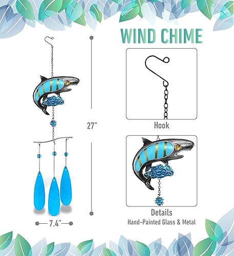 Miniatura 2 de CoTa Global Carillón de viento de tiburón – Carillón de vidrio y metal hecho a mano – Decoración colgante de vida oceánica – Regalo colorido de