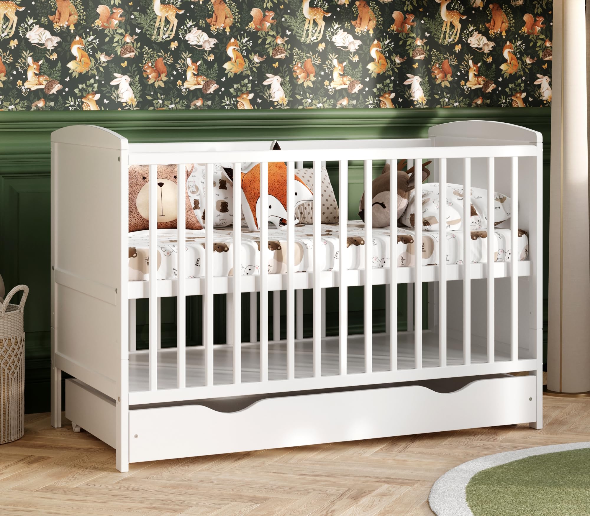 Genérico Cuna Bebé Convertible 60x120 cm con Cajón, 3 Alturas de Somier, 3 Barrotes Extraíbles, Cama Infantil Evolutiva Blanca (sin colchón)