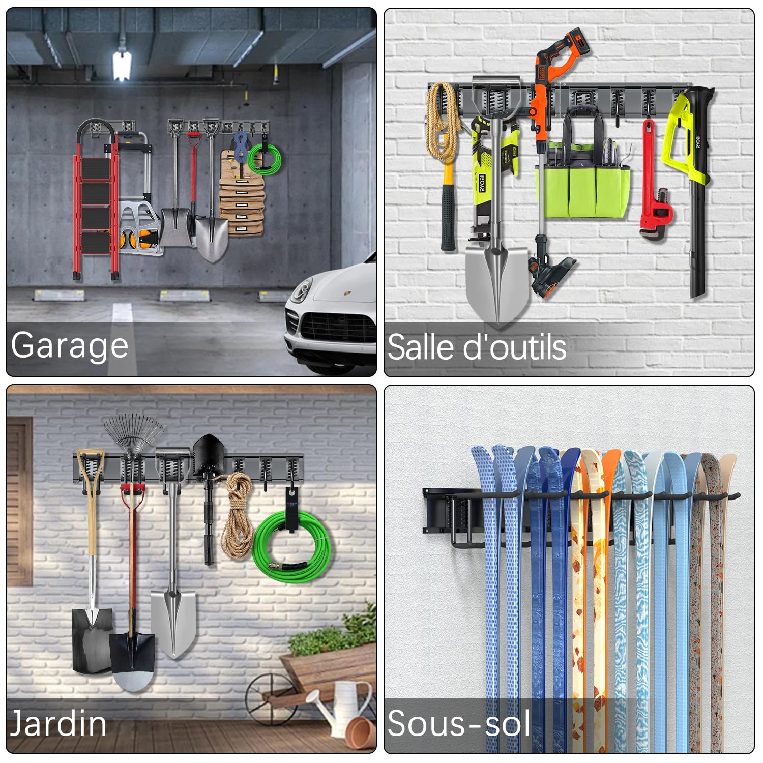 3-H Porte Outils Mural Jardin 120cm, Range Outils de Jardin en Acier Carbone avec 3 Rails & 10 Crochets de Garage Réglables & 4 Crochets S & 4 Sangles | Support Mural Modulable pour Ski Balai Râteau