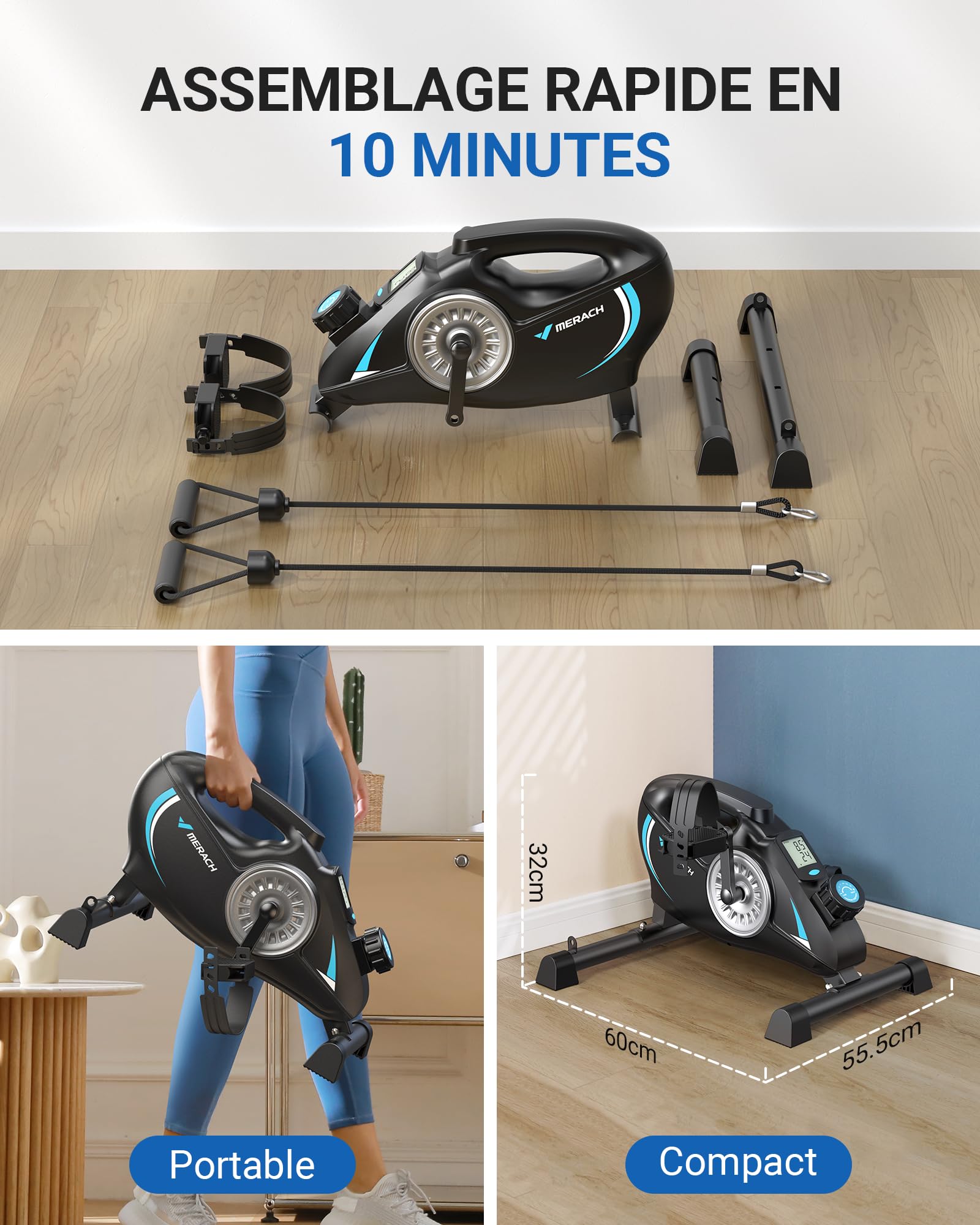 MERACH Pedalier d'Appartement, Mini Velo Bureau avec 2 Bandes de Résistance et Tapis Antidérapant