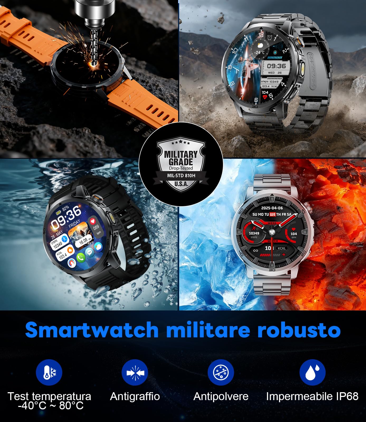 FEELNEVER Smartwatch Uomo, Smartwatch Militare Uomo Fitness con Chiamate Bluetooth,1.85" Orologio Intelligente 110+ Modalità Sportive/1000 mAh/Sonno/Torcia per Android IOS, Nero Arancione