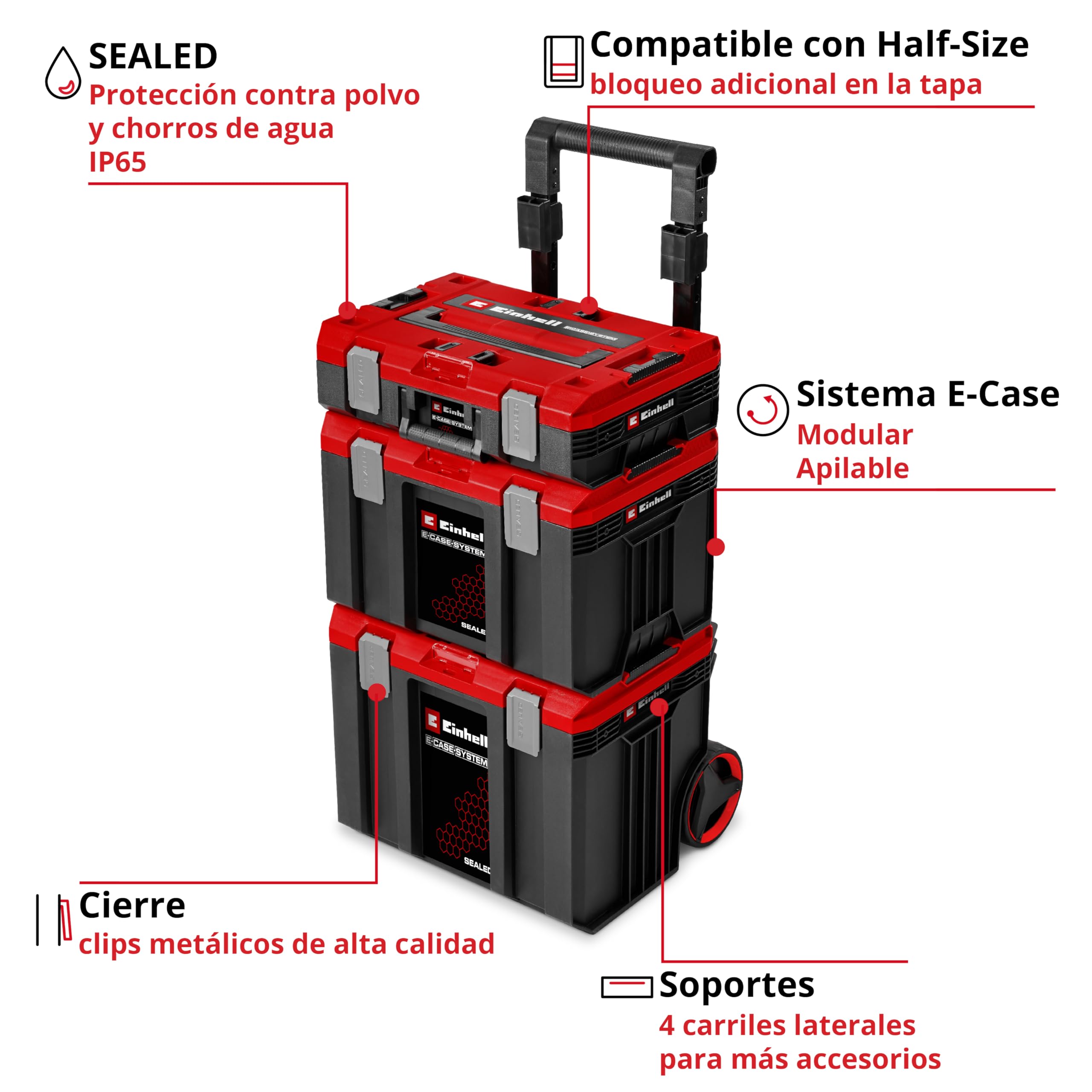 Original Einhell E-Case Rolling Workshop SEALED (taller rodante de 3 maletines, máx. 120 kg, a prueba de polvo + a prueba de chorros de agua, 44 x 40 x 70 cm, incl. carriles laterales)