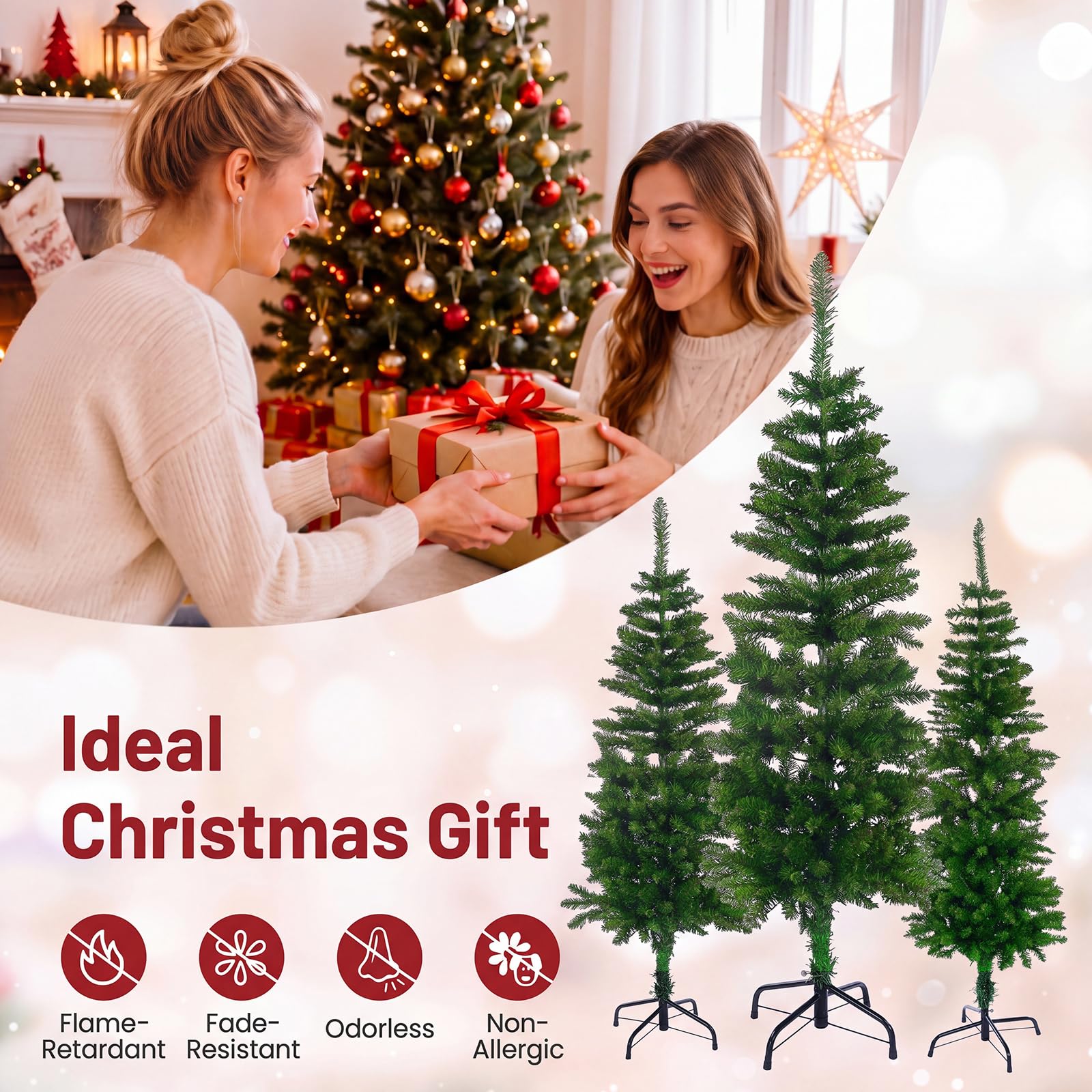 Cinnvoice Lot de 3 sapins de Noël artificiels fins en cèdre floqué pré-éclairé avec lumières LED pour intérieur et extérieur, cheminée, porche, décoration de vacances
