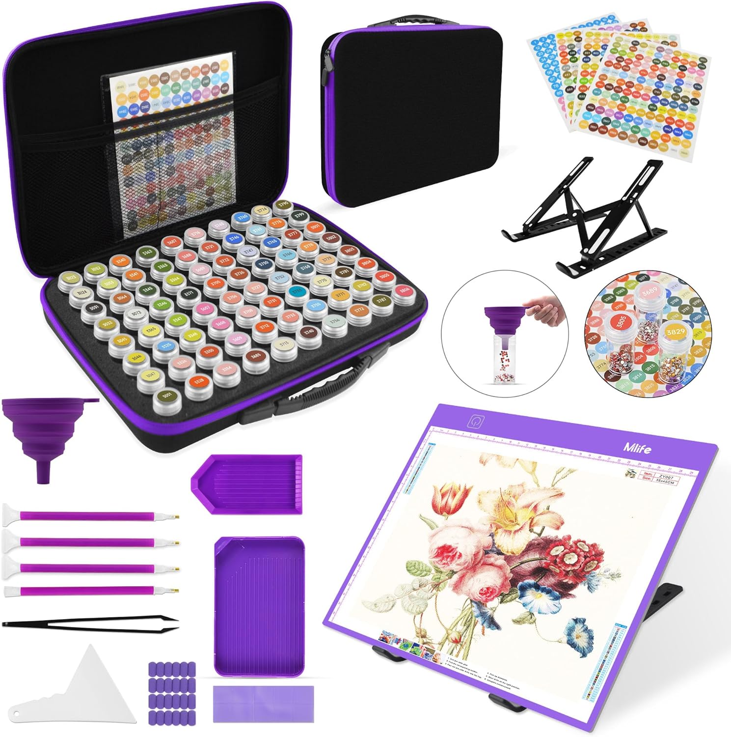 Mlife Diamond Painting Storage Boxes,1 Diamond Painting A4 Light Box Tracing Light Board with 3 Brightness, 80 Slots Bead Storage with 5D Diamond Art Accessories and Tools Kit（Purple）