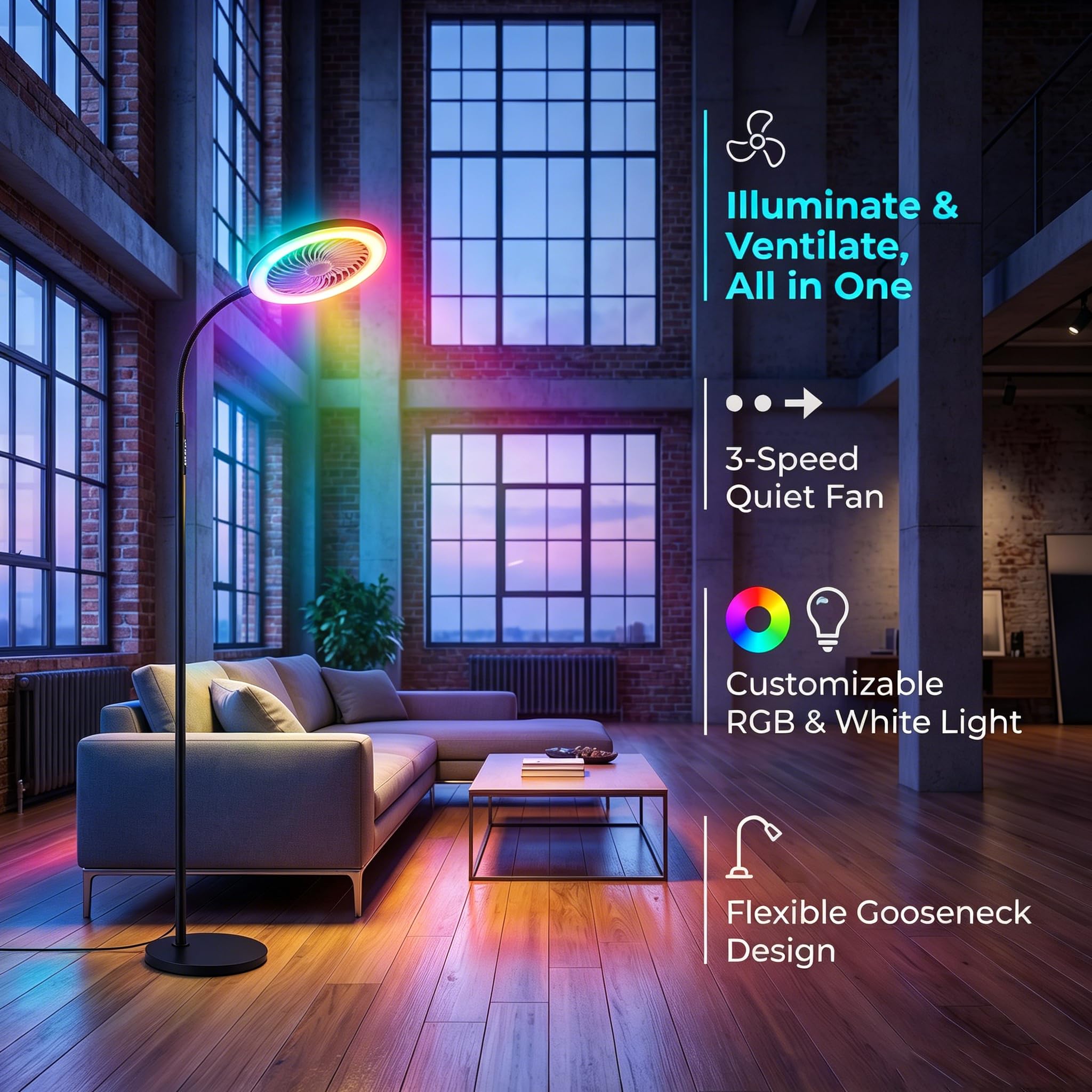 Stehlampe mit Ventilator, LED Standventilator mit RGB Beleuchtung, Flexibler Schwanenhals Höhe Verstellbar Fernbedienung 3 Geschwindigkeiten & Farbtemperaturen für Wohnzimmer Schlafzimmer Büro