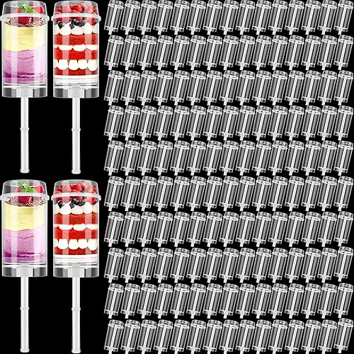 Lenwen 400 recipientes de plástico transparente Push Pop Shooter Push Pop Shooter con tapas, base y palos para fiesta de cumpleaños, boda