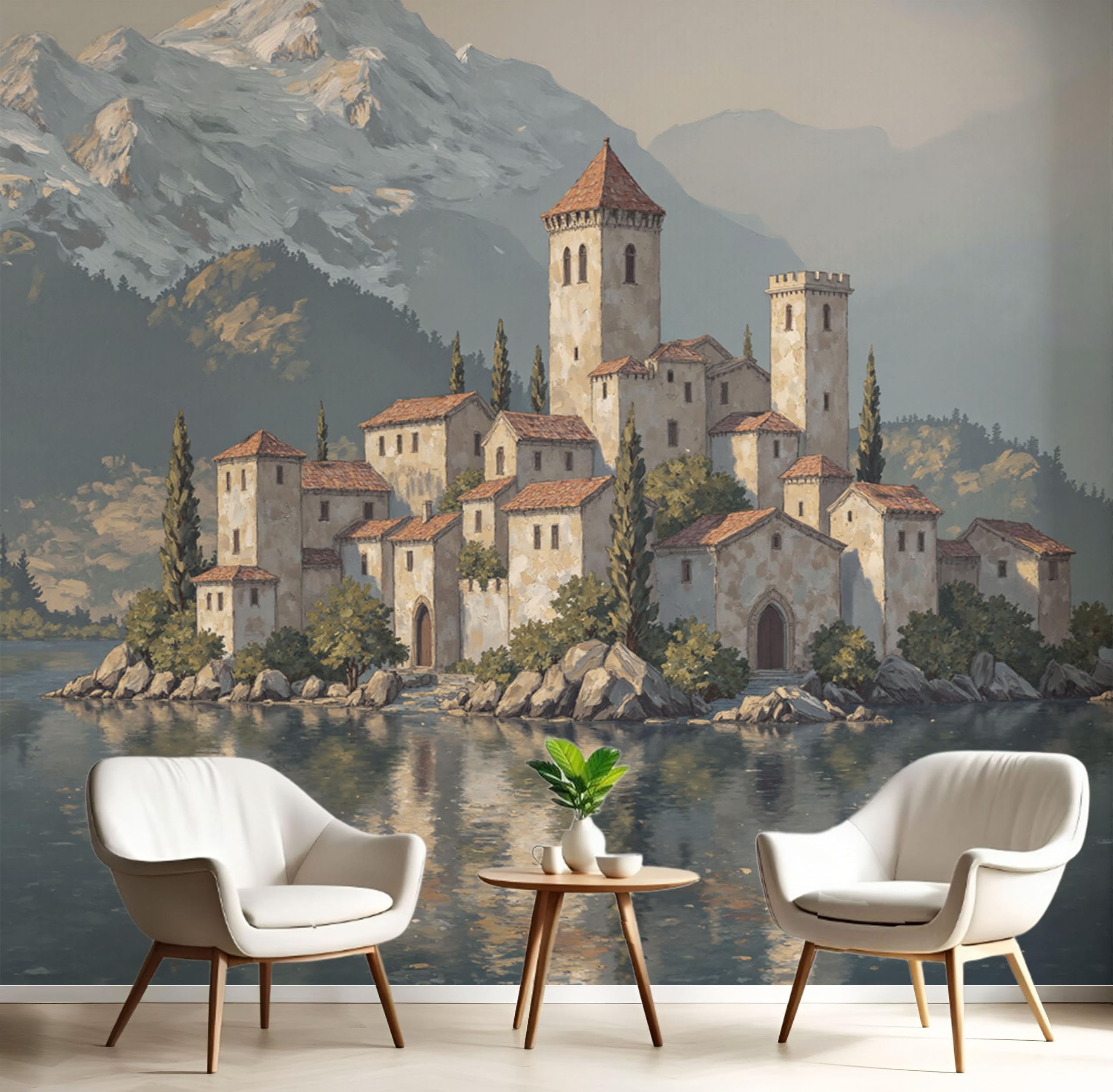 Papier peint soie château médiéval pour salon chic et décoration de chambre XXL