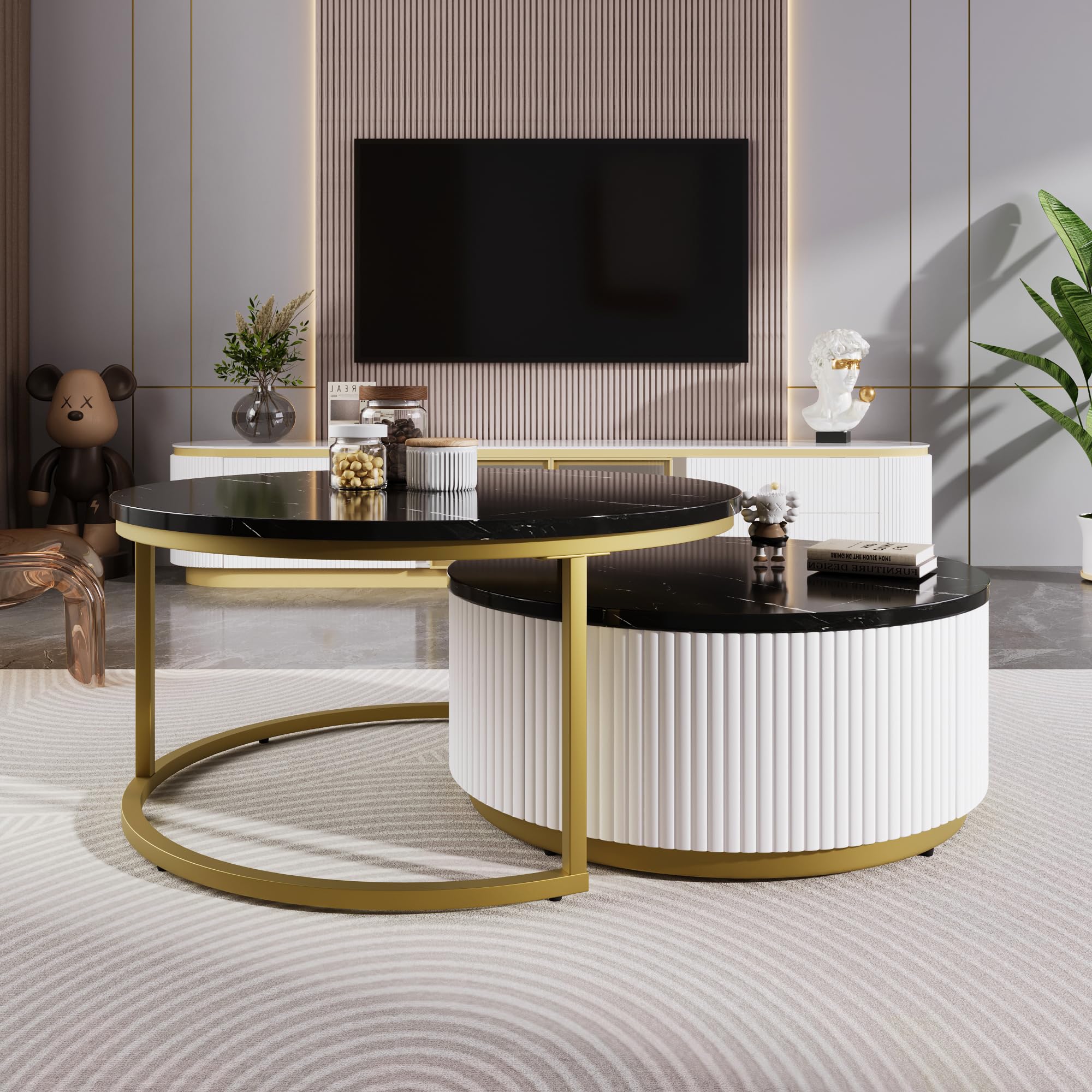 Modern Multi-Functional Round Nesting Coffee Table Fluted with Drawer End Table Utility Table for Living Room Black & Gold