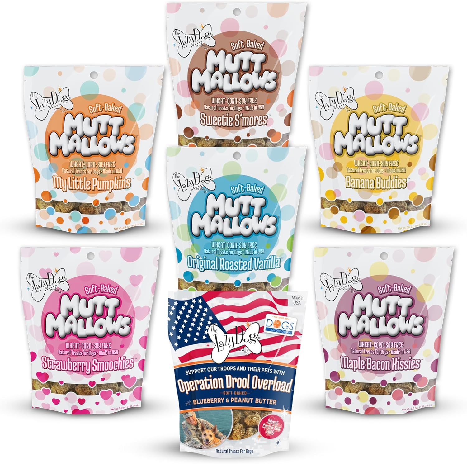 The Lazy Dog Cookie Co. Soft Baked Dog Treats, Mutt Mallows Sampler Pack, for Small, Medium and Large Dogs, Wheat-Free, Baked in The USA, 5 oz. (Pack of 7)